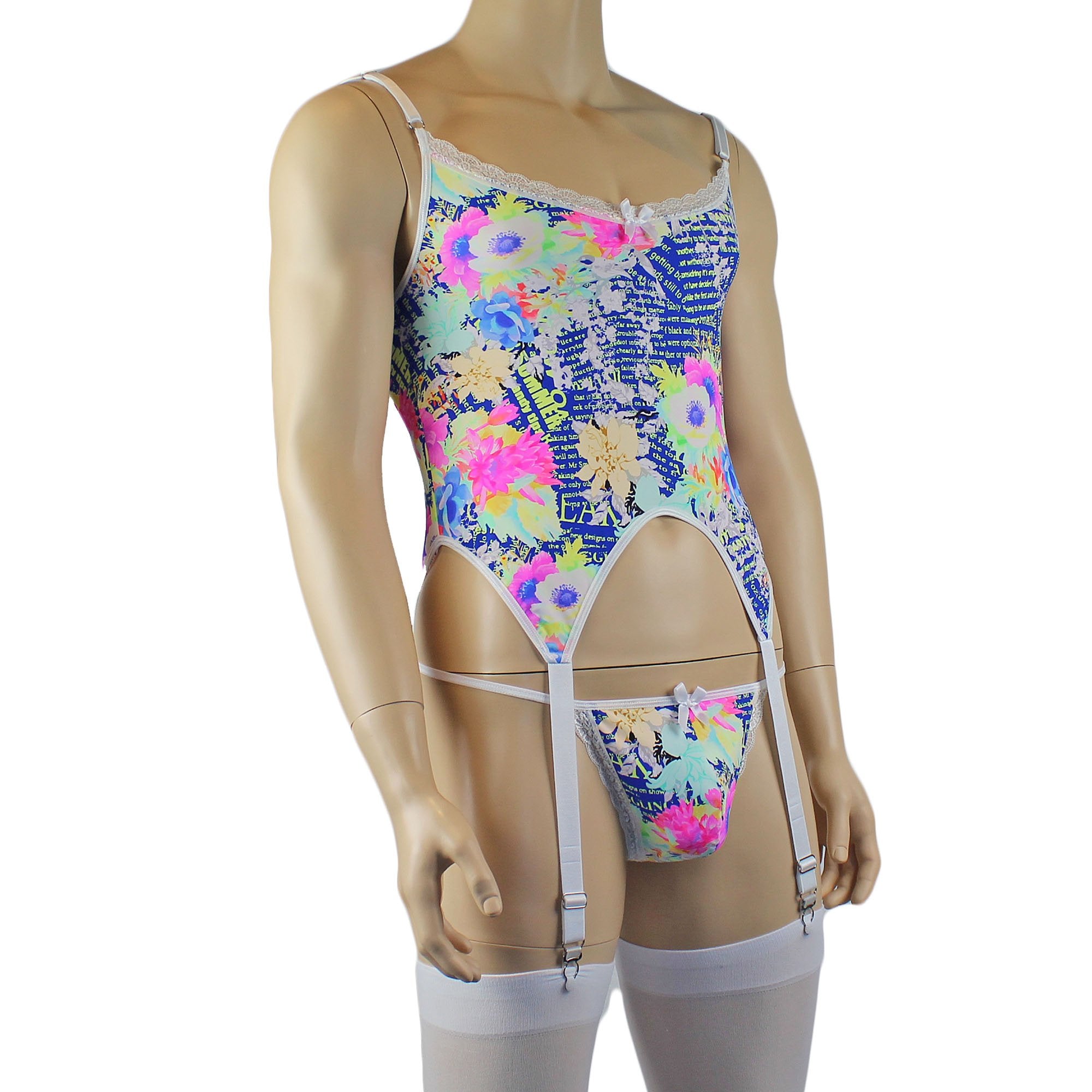 Mens Suzanne Floral Torso Corset Top, G string & Stockings