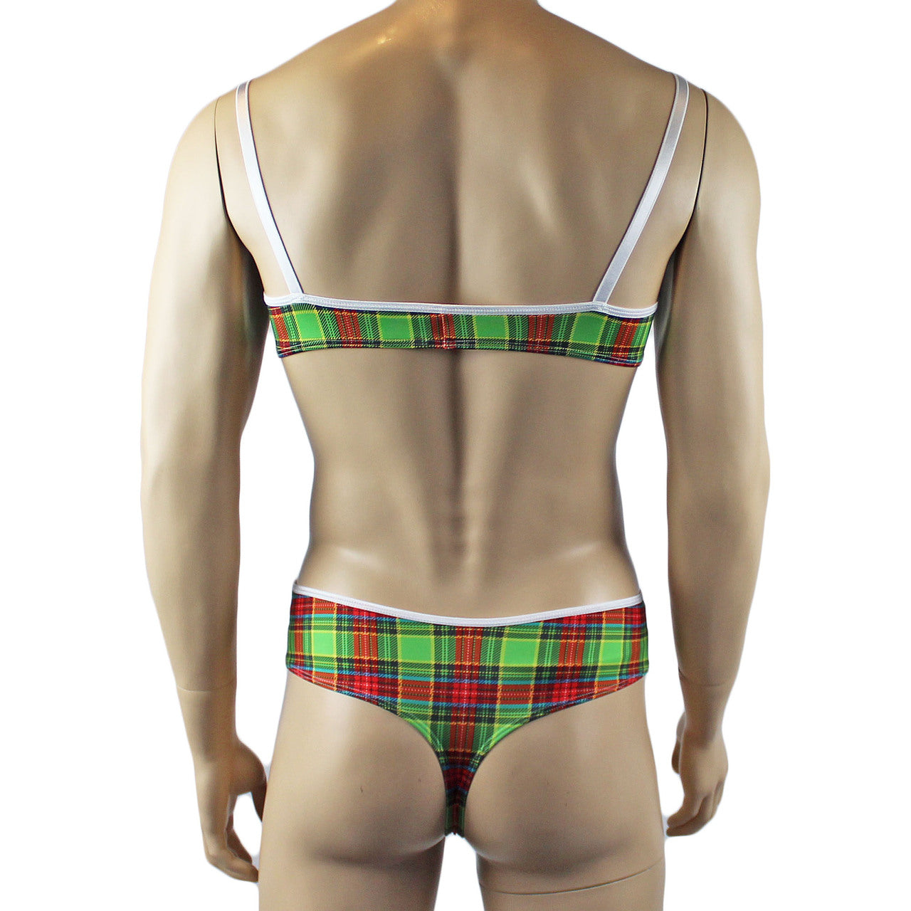 Mens Plaid Tartan Bra Top & High Waist Thong Green and Red