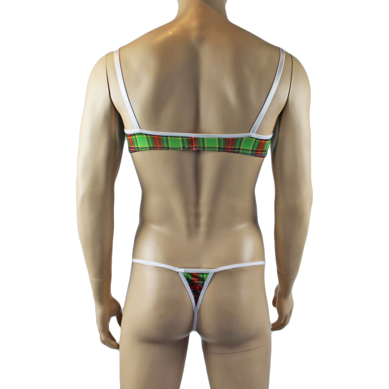 Mens Plaid Tartan Bra Top with Pouch G string Green and Red