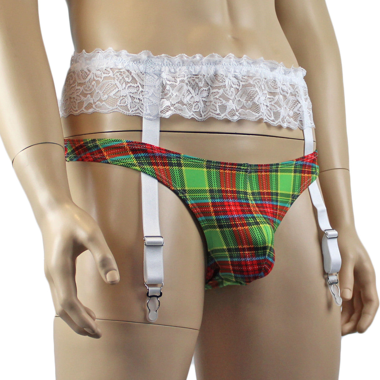 Mens Plaid Tartan Sexy Mini Thong & White Sexy Garterbelt Set Green and Red