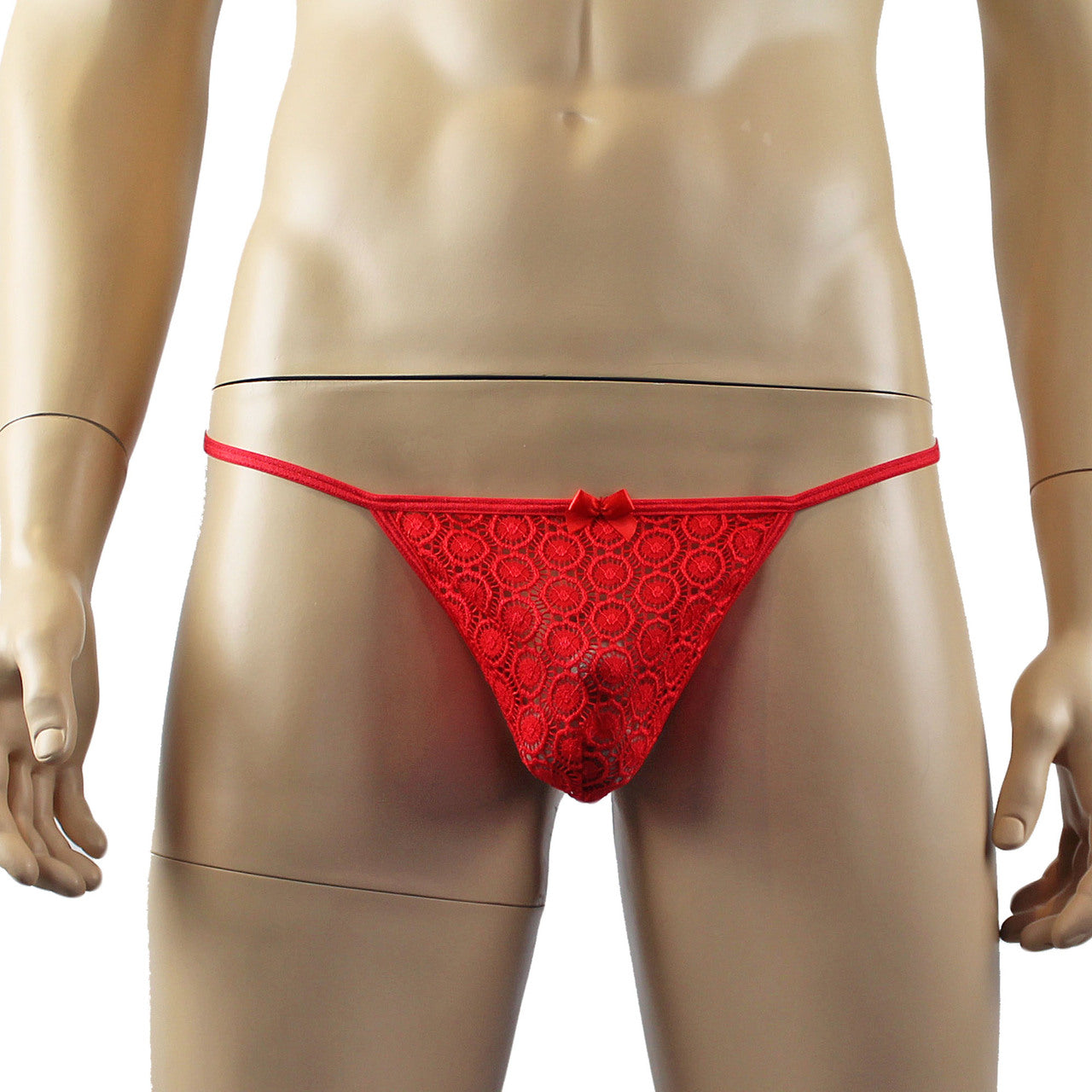 Mens Tease Circle Lace Pouch G string with Cute Bow Front Red
