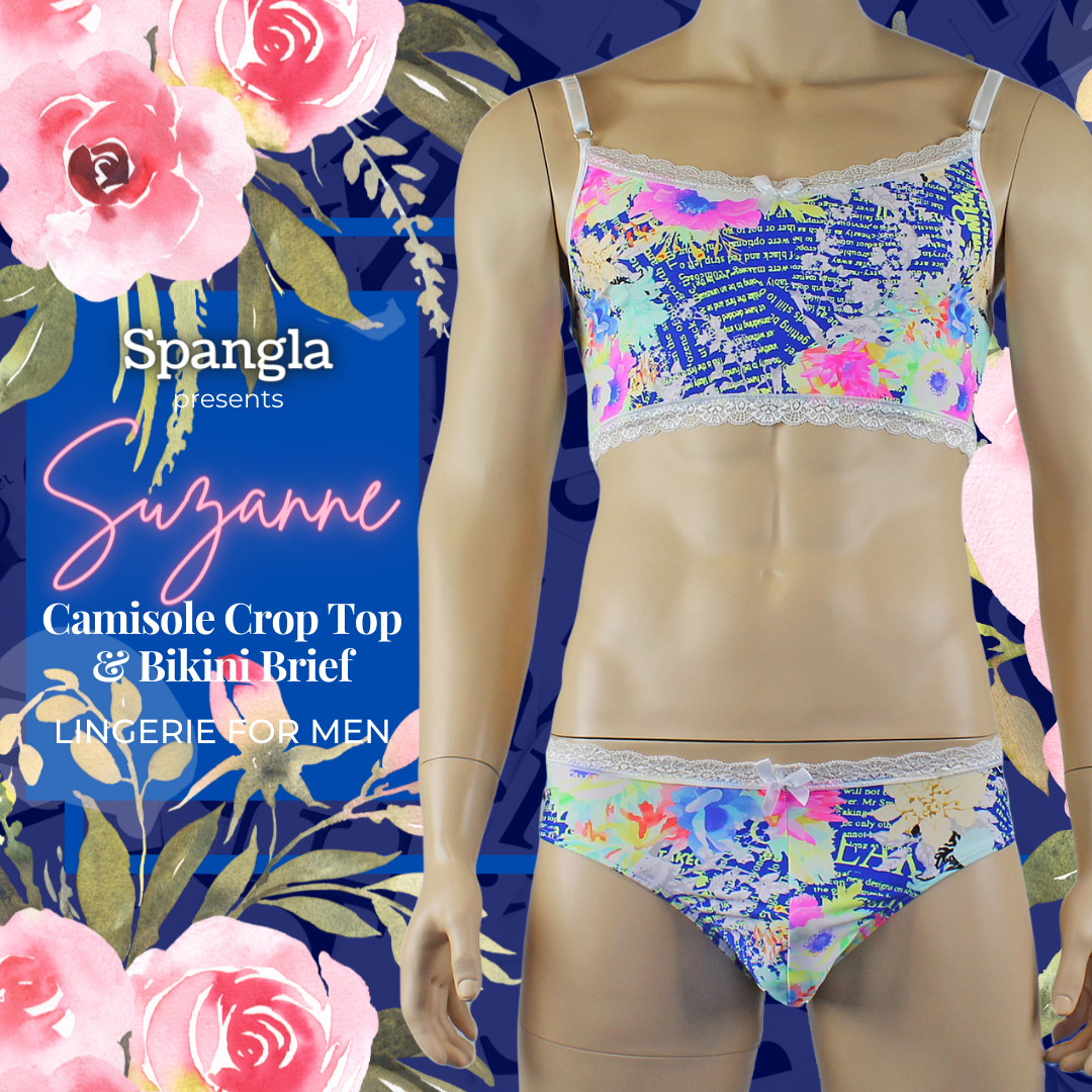 Flowers and Printed Words Make Up the Suzanne Camisole Crop Top and Bikini Brief