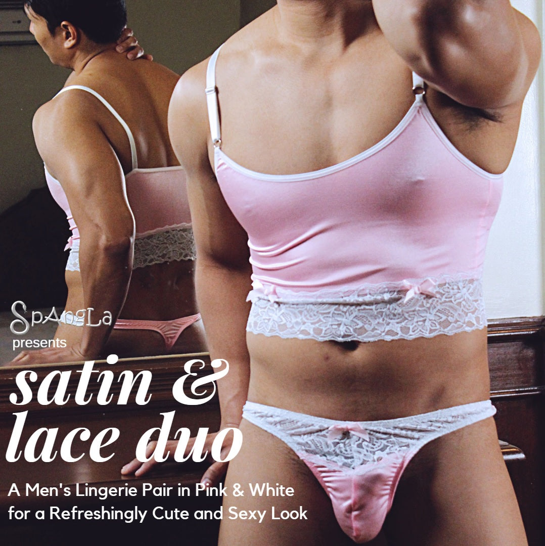 All Silky Satin Feels in Pink and White with this Spangla Men’s Lingerie Duo!