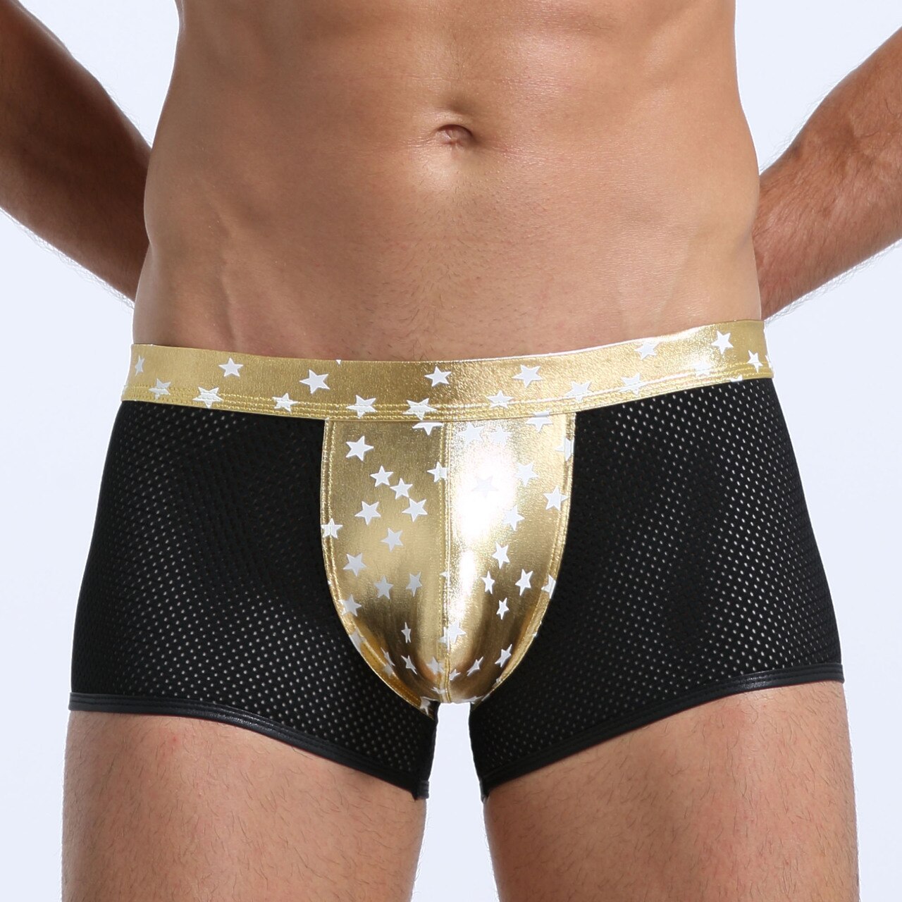 JCSTK - Mens Super Stars Shiny Metallic and Net Boxer Shorts Gold and Black