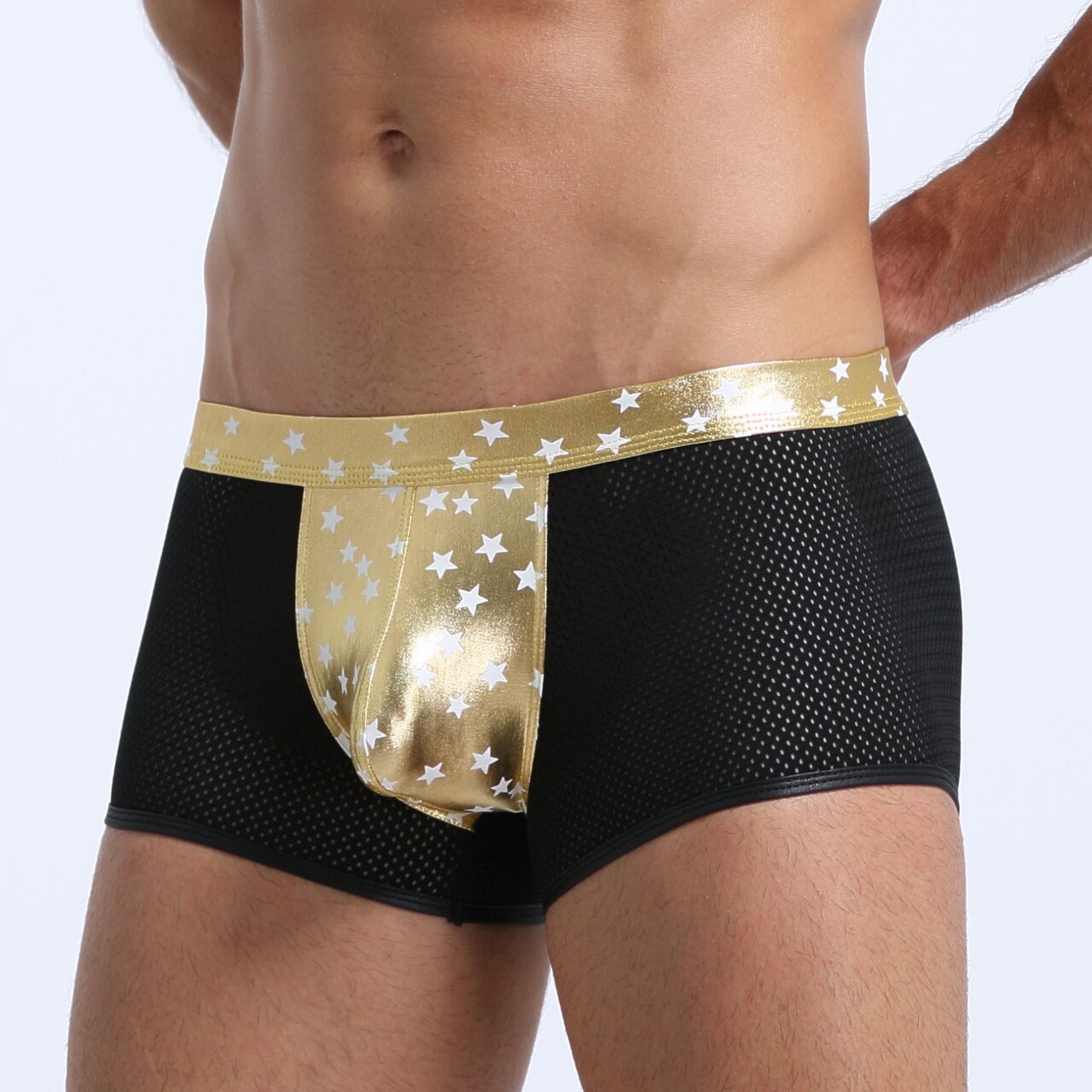 JCSTK - Mens Super Stars Shiny Metallic and Net Boxer Shorts Gold and Black