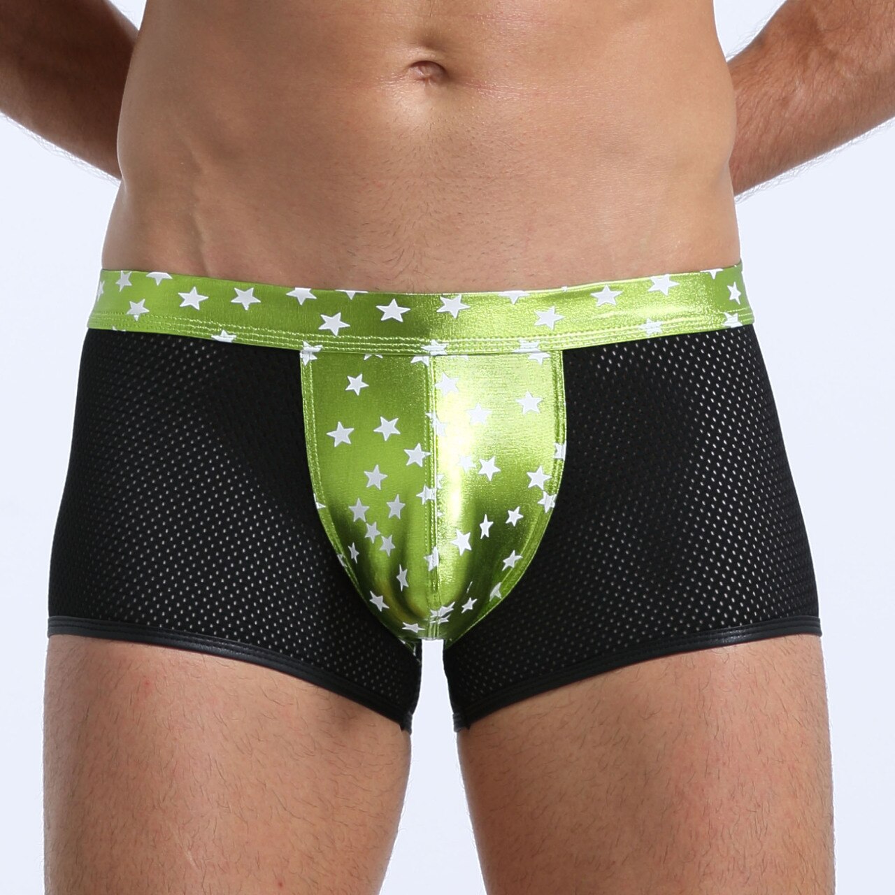 JCSTK - Mens Super Stars Shiny Metallic and Net Boxer Shorts Green and Black