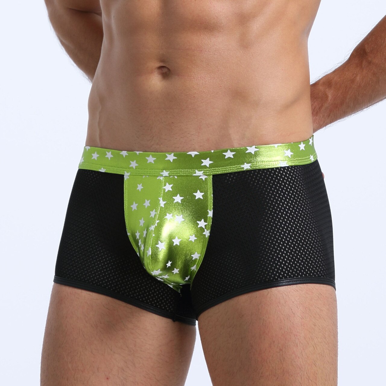 JCSTK - Mens Super Stars Shiny Metallic and Net Boxer Shorts Green and Black