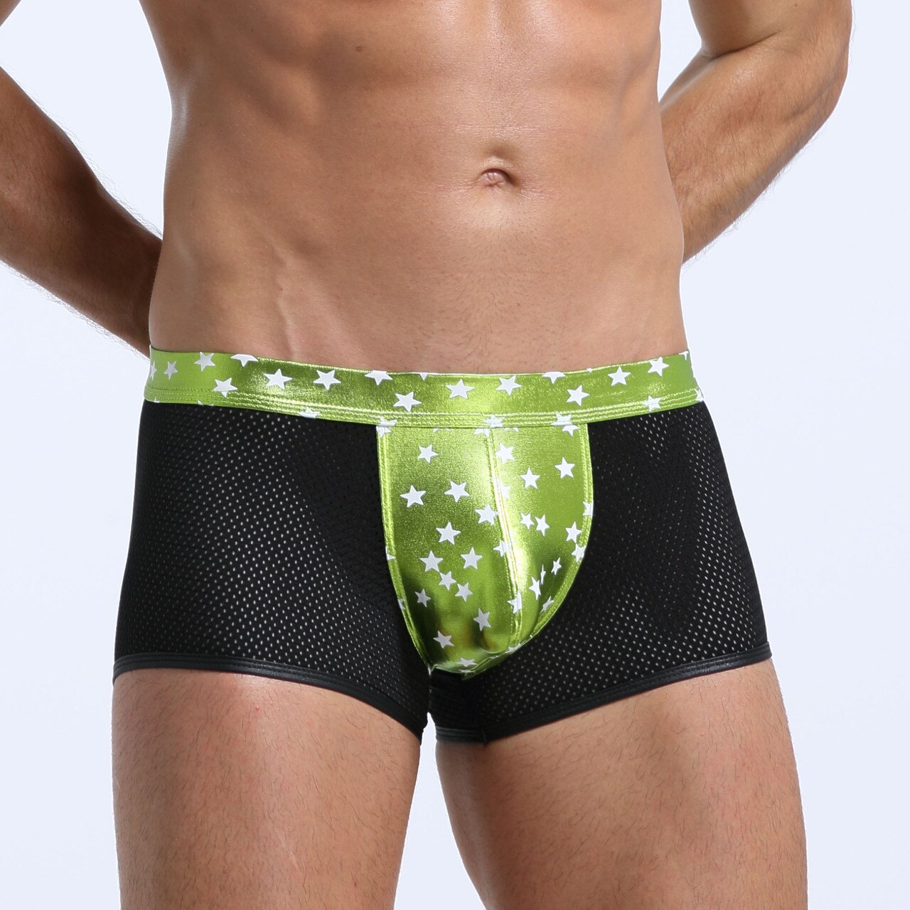 JCSTK - Mens Super Stars Shiny Metallic and Net Boxer Shorts Green and Black