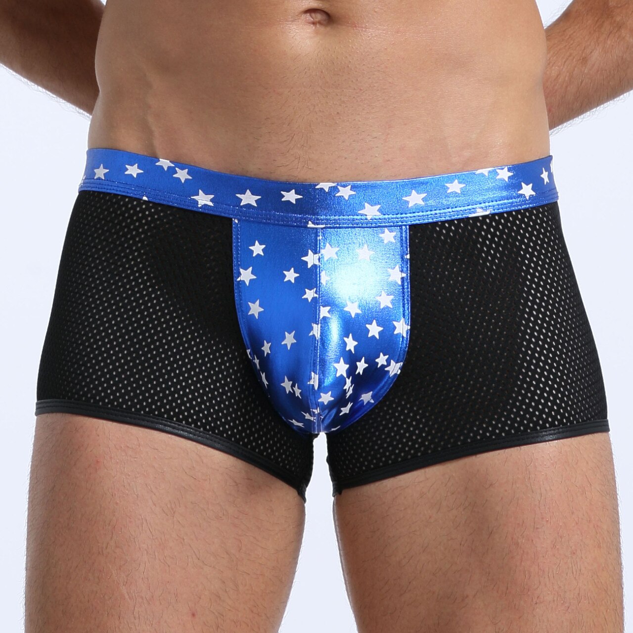 JCSTK - Mens Super Stars Shiny Metallic and Net Boxer Shorts Blue and Black