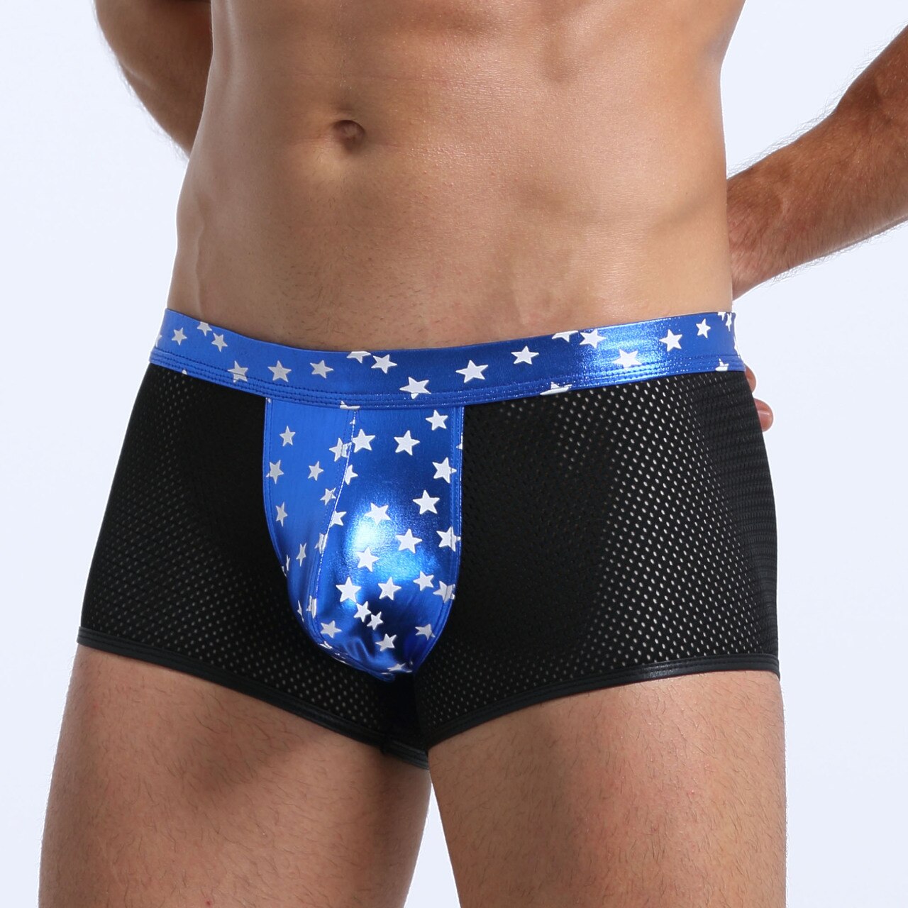 JCSTK - Mens Super Stars Shiny Metallic and Net Boxer Shorts Blue and Black