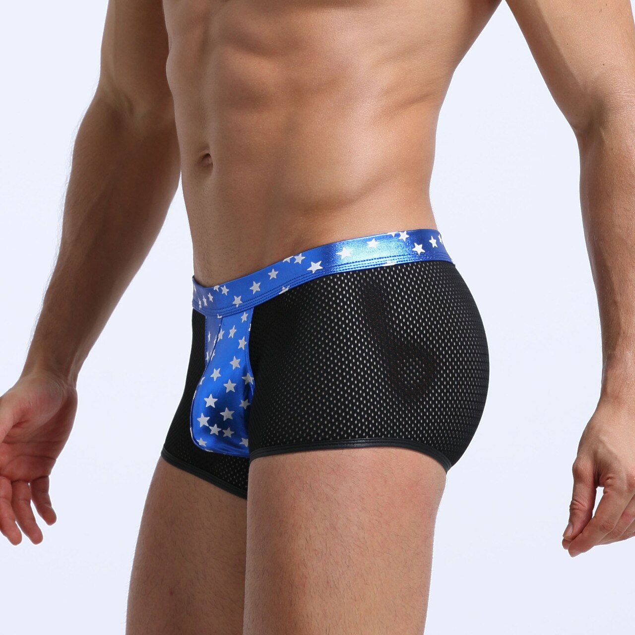 JCSTK - Mens Super Stars Shiny Metallic and Net Boxer Shorts Blue and Black