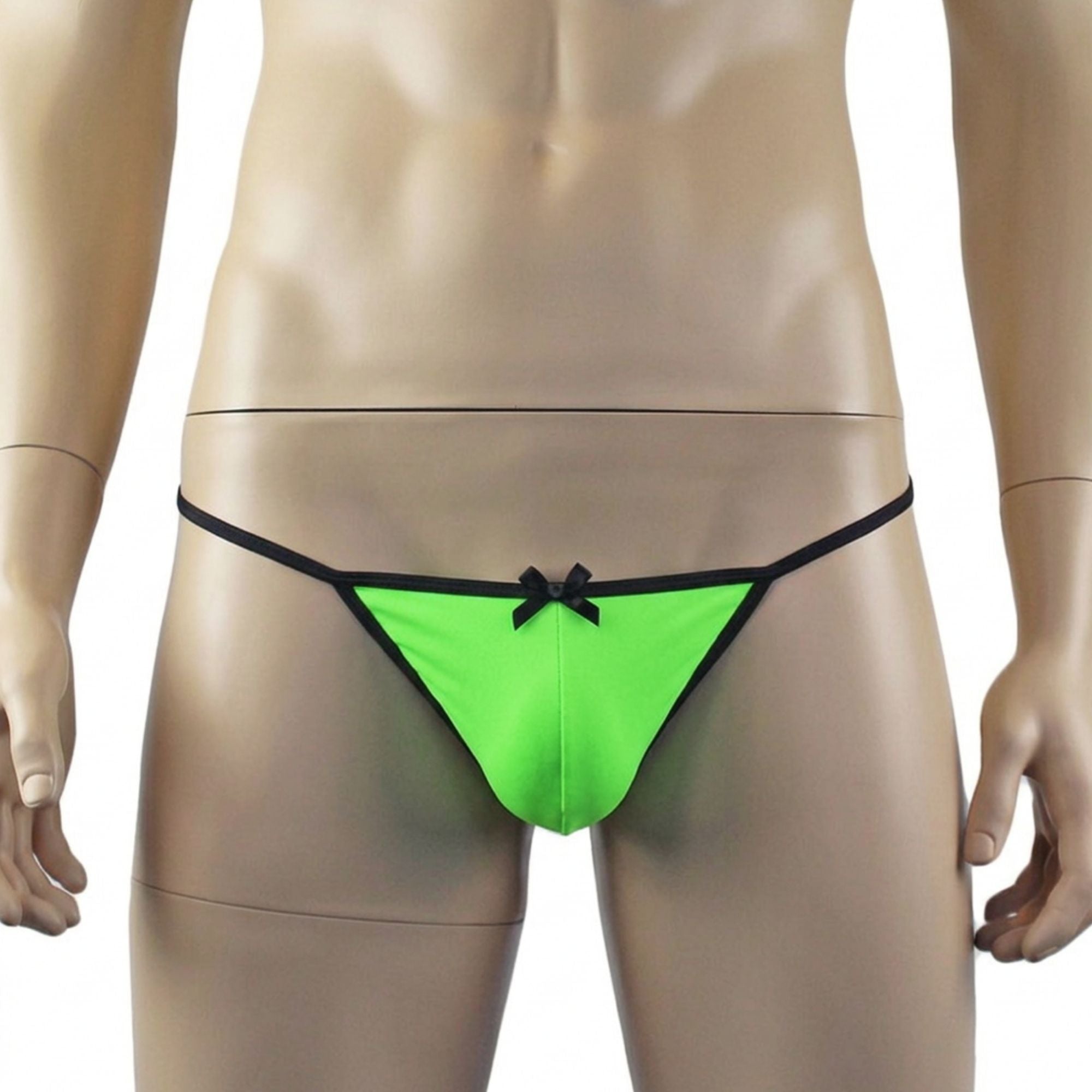 Mens Jenny Shiny Spandex Bra Top, G string and Garterbelt Lingerie Neon Green & Black