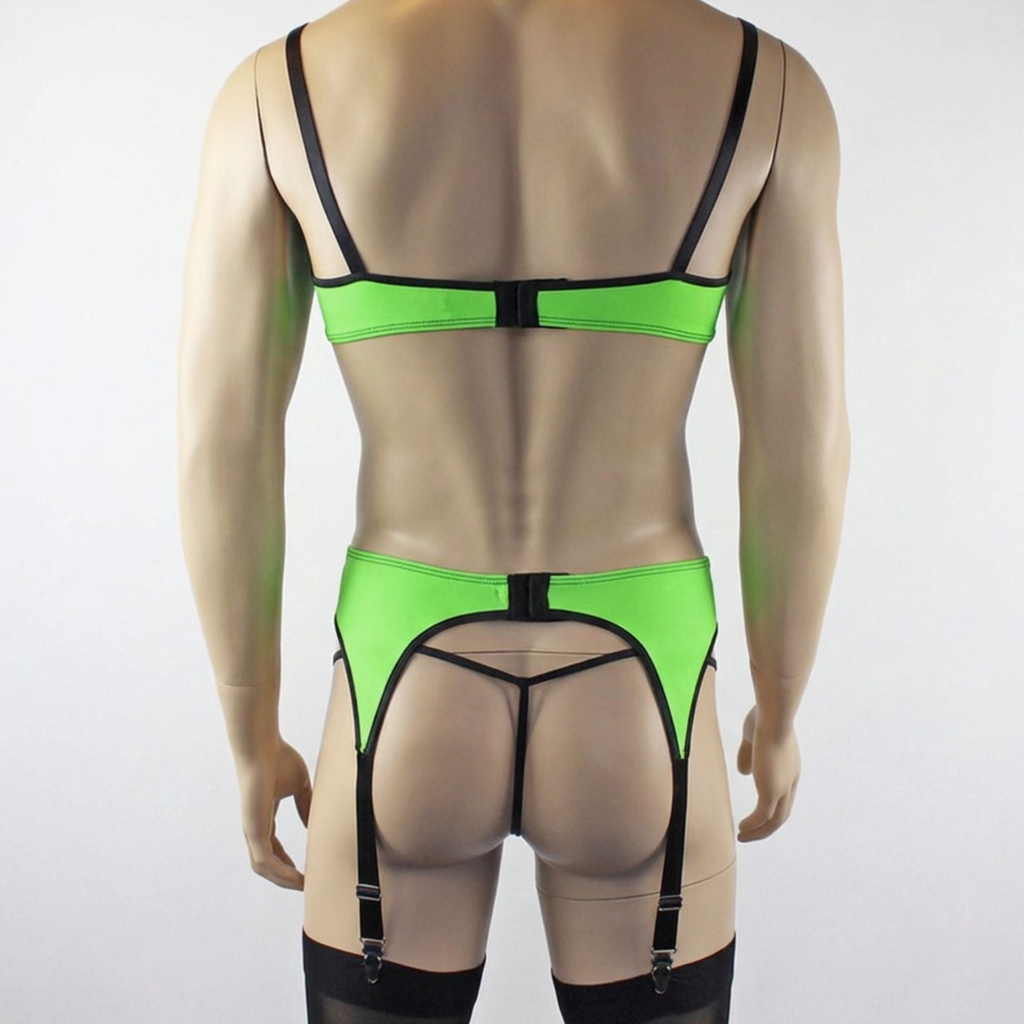 Mens Jenny Shiny Spandex Bra Top, G string and Garterbelt Lingerie Neon Green & Black
