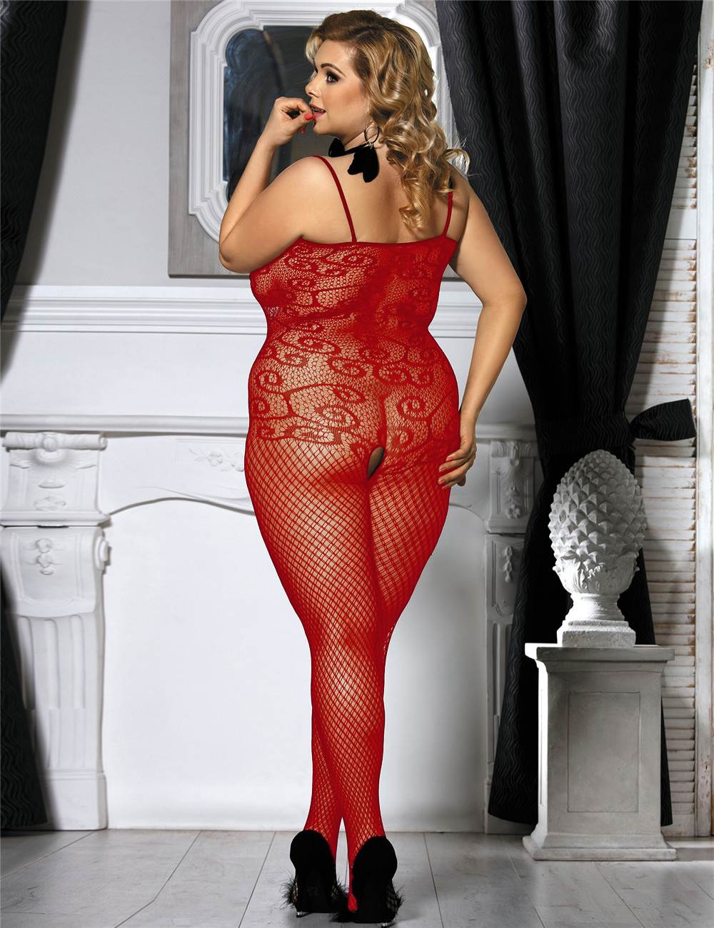 JCSTK - Unisex OY-MP159 Lingerie Crocheted Fishnet Bodystocking with Keyhole Front Red