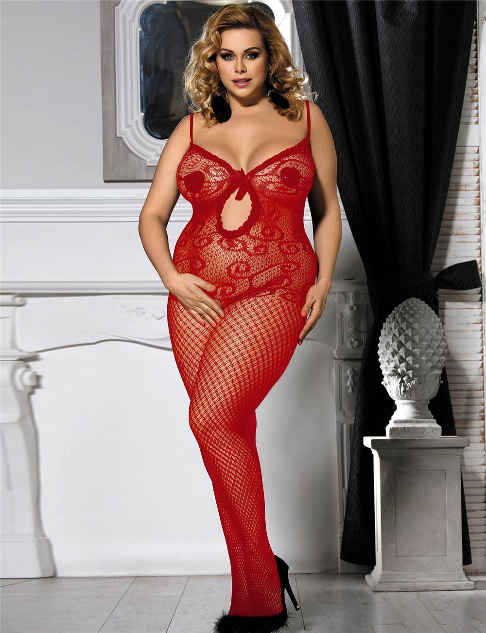 JCSTK - Unisex OY-MP159 Lingerie Crocheted Fishnet Bodystocking with Keyhole Front Red