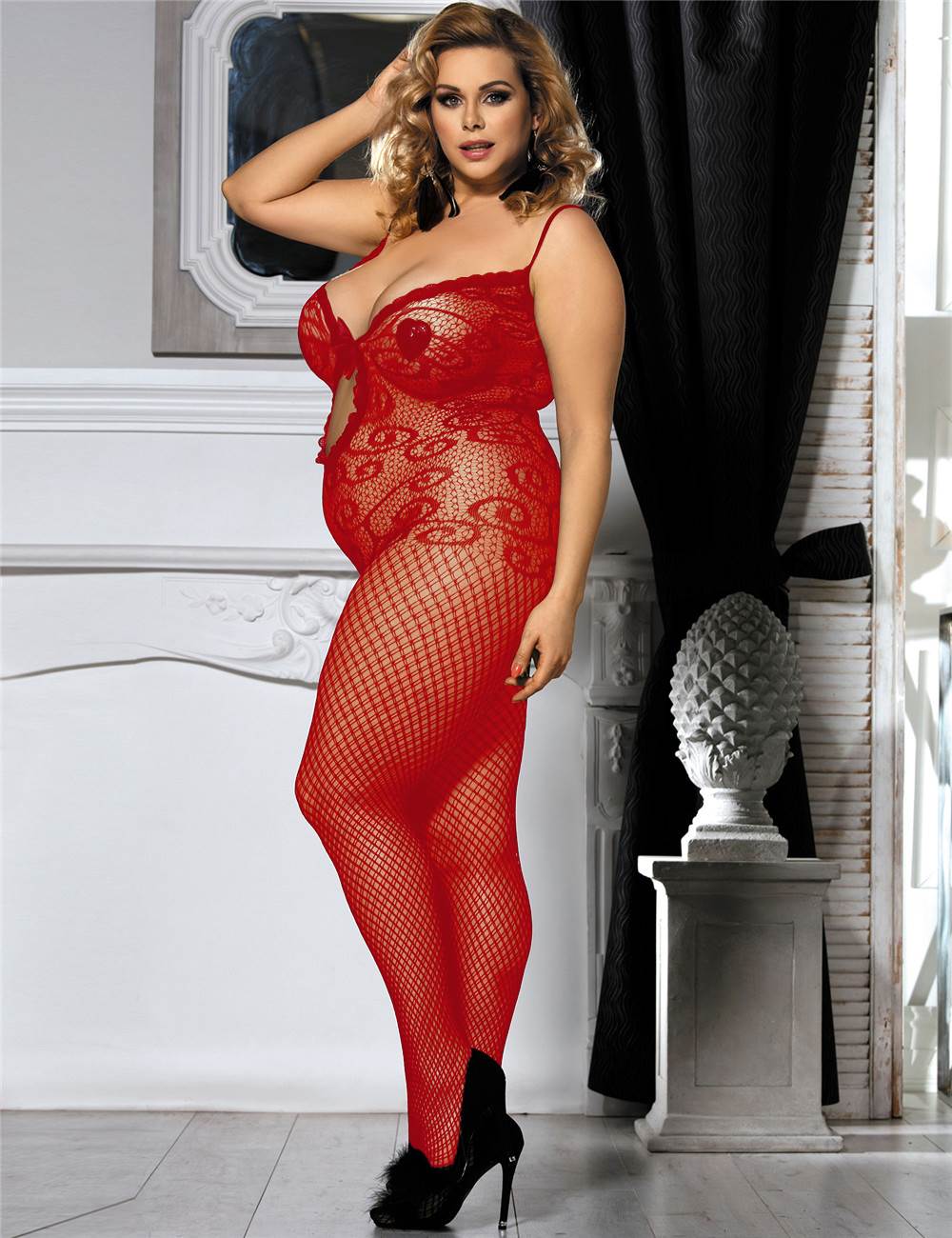 JCSTK - Unisex OY-MP159 Lingerie Crocheted Fishnet Bodystocking with Keyhole Front Red