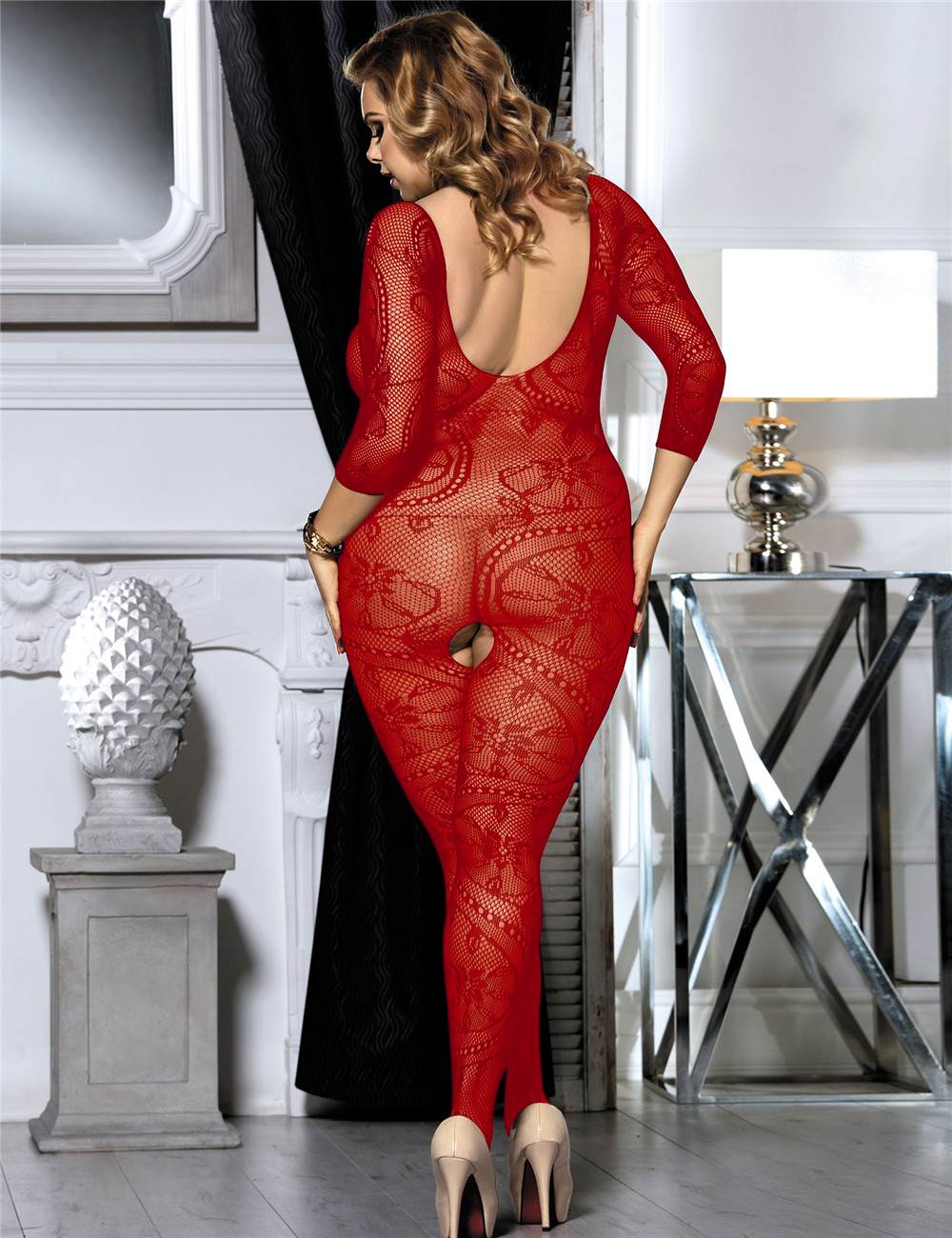 JCSTK - Unisex OY-MP158 Lingerie Floral Swirl Bodystocking with Sleeves Red