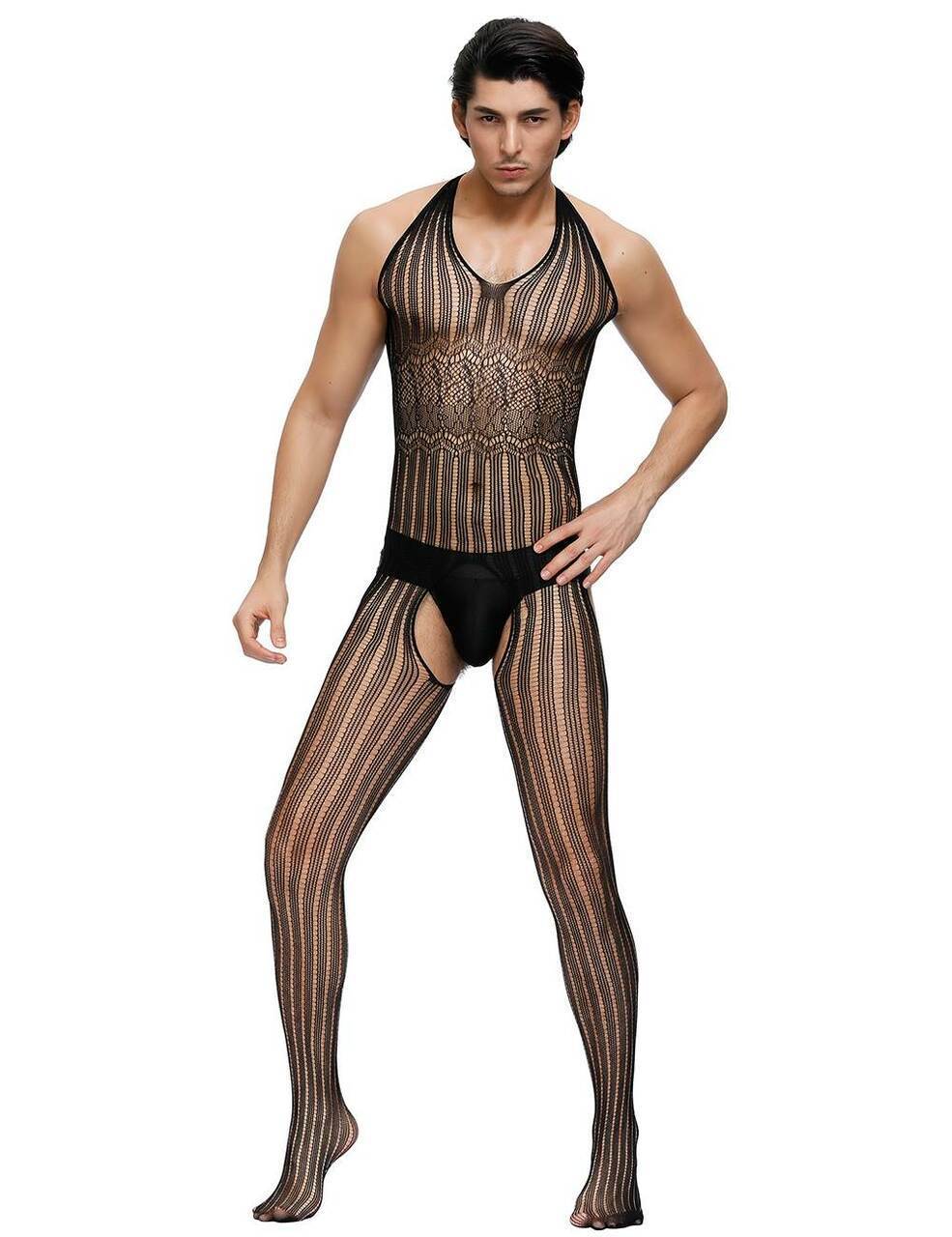 Mens Lingerie Sheer Pinstripe Mesh Bodystocking