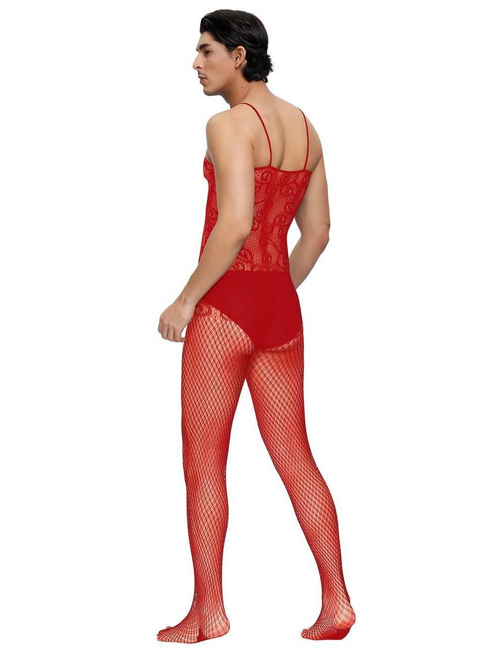 Mens Lingerie Crocheted Fishnet Bodystocking with Keyhole Front Red