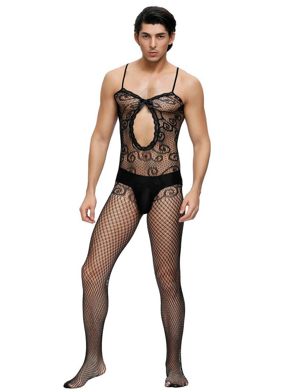 Mens Lingerie Crocheted Fishnet Bodystocking with Keyhole Front Black