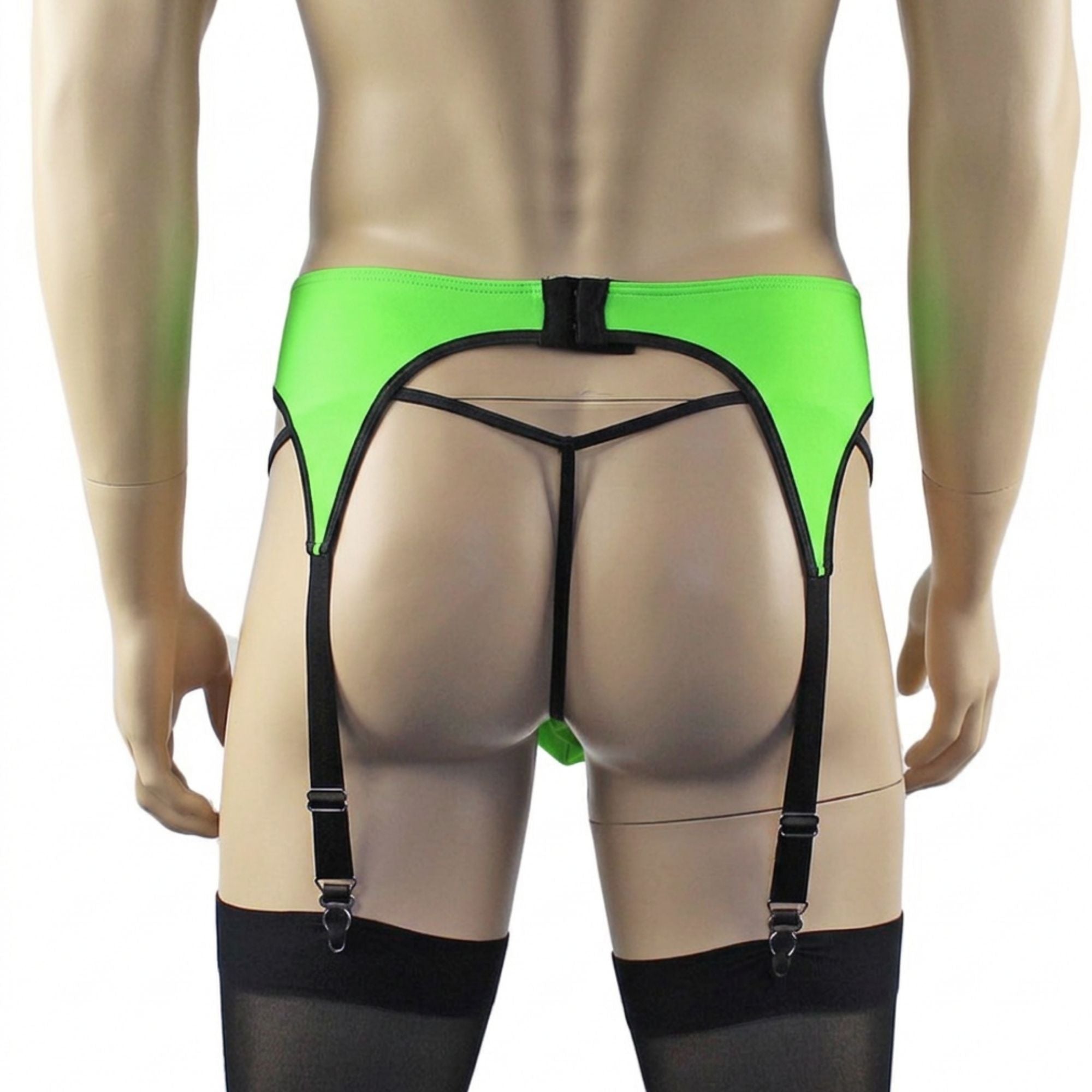 Mens Jenny Shiny Spandex Bra Top, G string and Garterbelt Lingerie Neon Green & Black