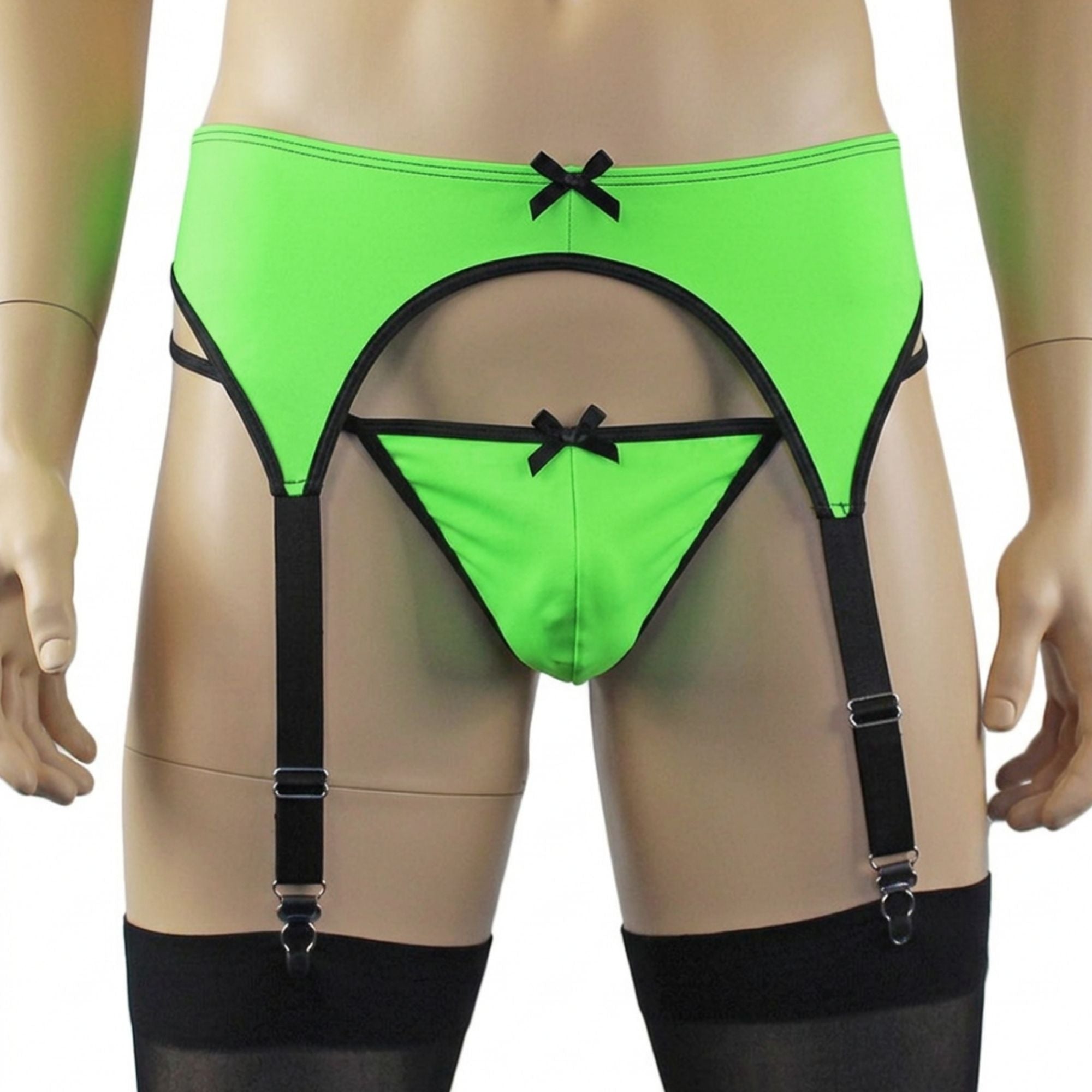 Mens Jenny Shiny Spandex Bra Top, G string and Garterbelt Lingerie Neon Green & Black