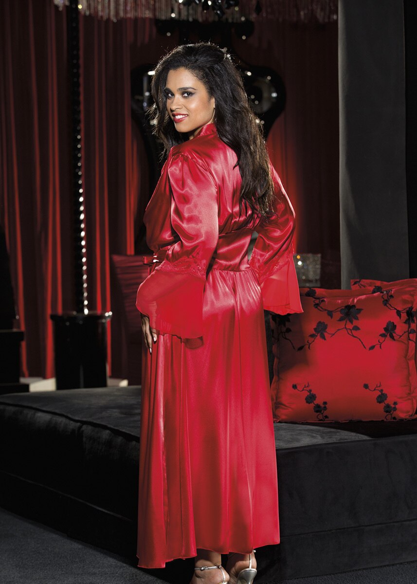 JCSTK - Hollywood Glamour Long Charmeuse, Lace and Chiffon Robe Red