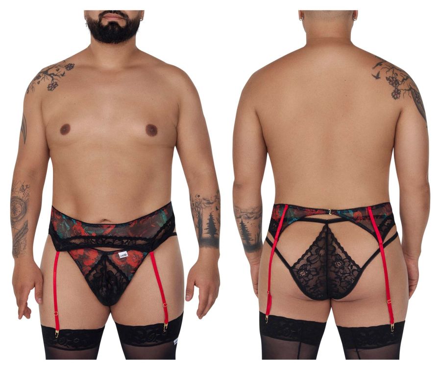 JCSTK - CandyMan 99688X Garter Thongs Two Piece Set Black Plus Sizes