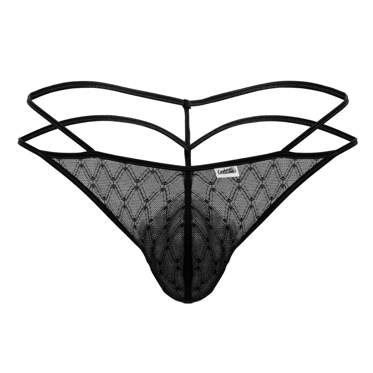 CandyMan 99903 Mens Strappy Geometric Mesh Thongs Black Plus Sizes