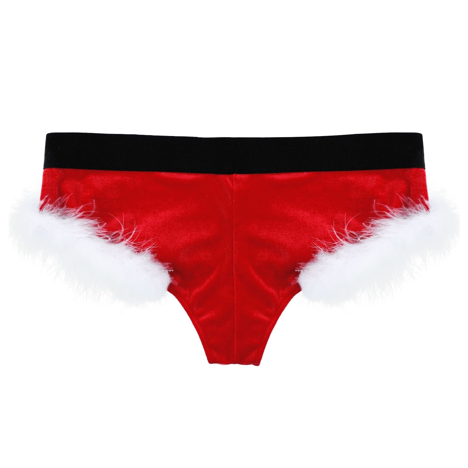 JCSTK - XMAS GIFT - Mens Sissy Christmas Velvet Santa Briefs with Feather Trim Red & White