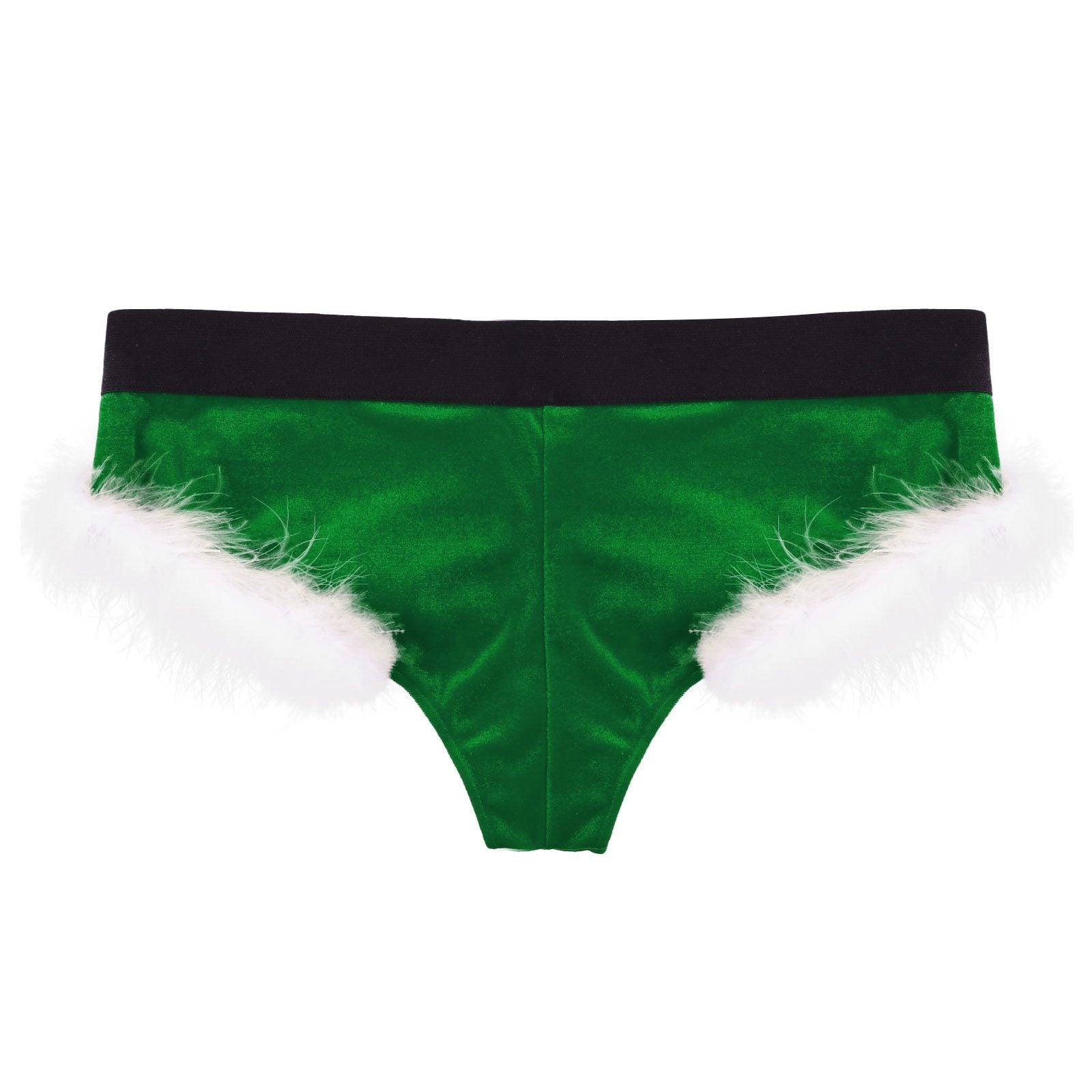 JCSTK - XMAS GIFT - Mens Sissy Christmas Velvet Santa Briefs with Feather Trim Green & White