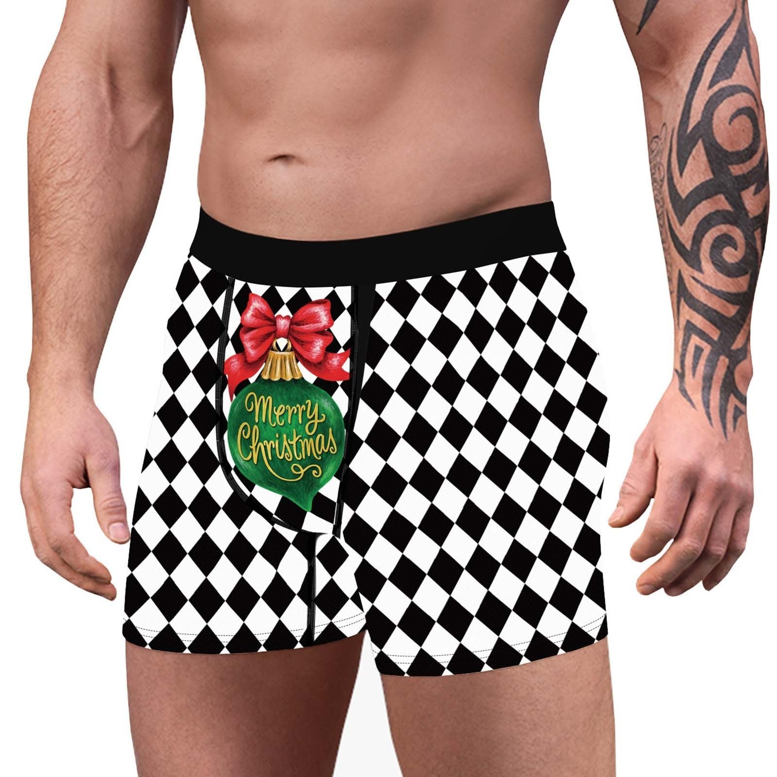 JCSTK - XMAS GIFT - Mens Christmas Diamond Printed Boxer Shorts with Decorated Pouch Front Black and White