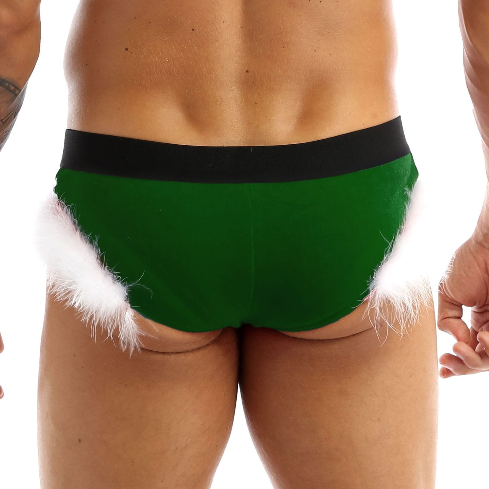 JCSTK - XMAS GIFT - Mens Sissy Christmas Velvet Santa Briefs with Feather Trim Green & White