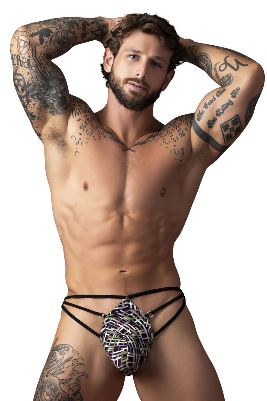 Male Power 419-303 Gridlocked Mens Thong Straps-Rings Printed