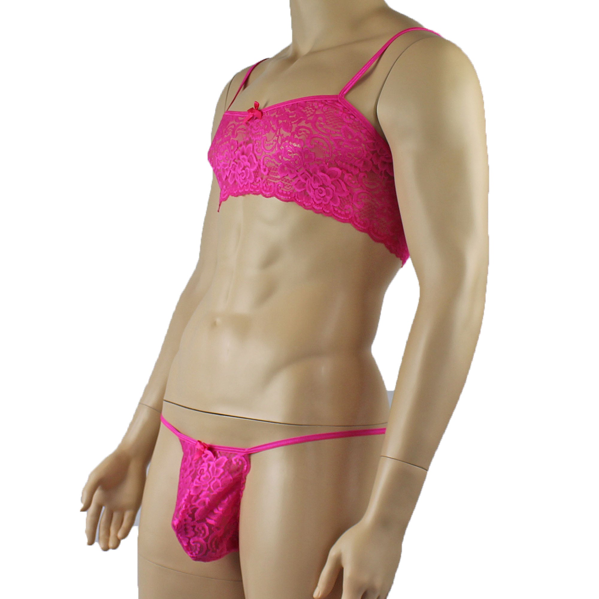 Mens Rebecca Pretty Floral Lingerie Lace Bra Top, Micro Mini Skirt and G string Hot Pink