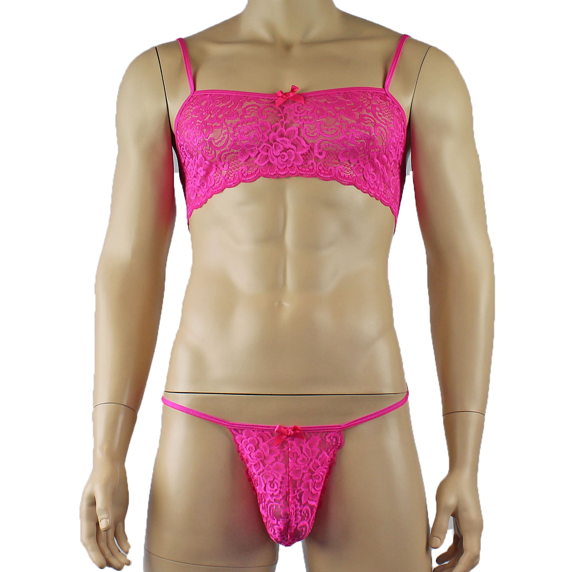 Mens Rebecca Pretty Floral Lingerie Lace Bra Top with G string Hot Pink