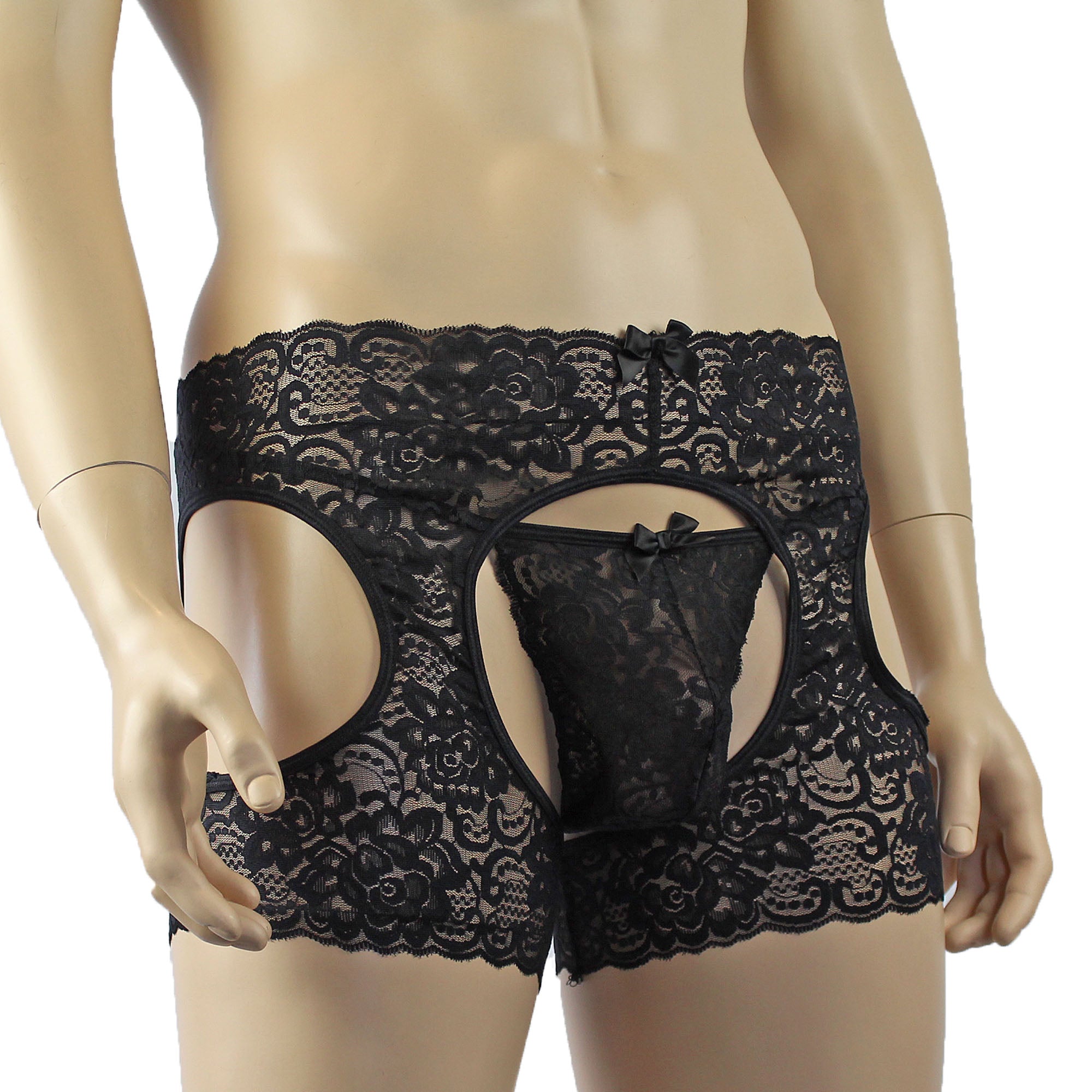 Mens Rebecca Pretty Floral Lingerie Lace Open Garter Boxer Shorts with G string Black