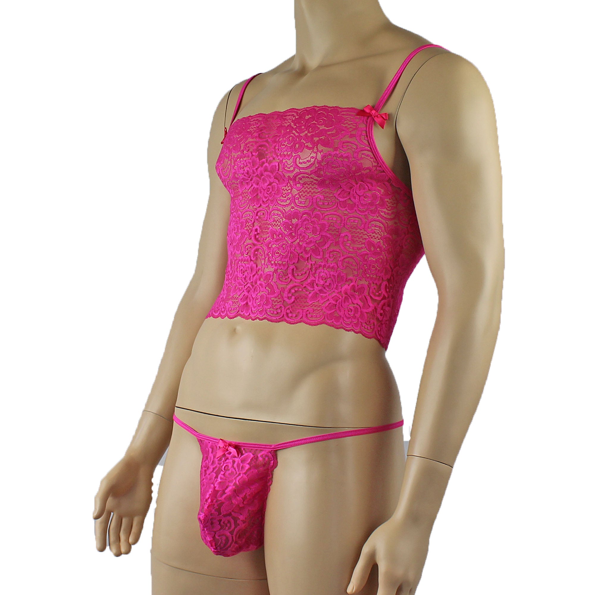 Mens Rebecca Pretty Floral Lingerie Lace Camisole Top with G string Hot Pink