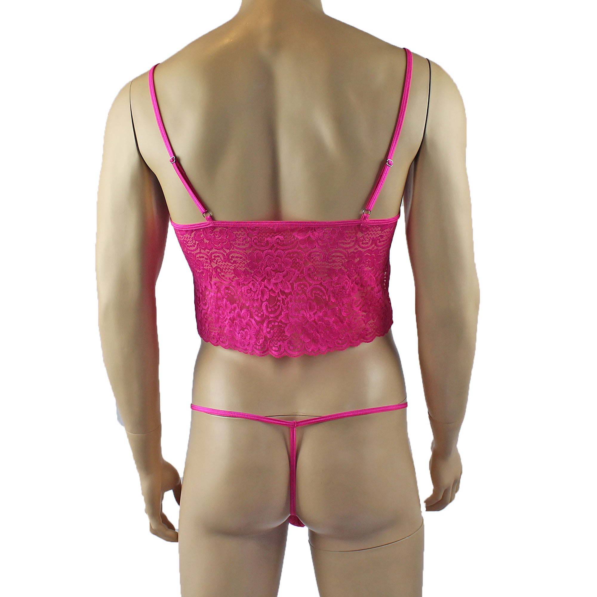 Mens Rebecca Pretty Floral Lingerie Lace Camisole Top, Micro Mini Skirt and G string Hot Pink