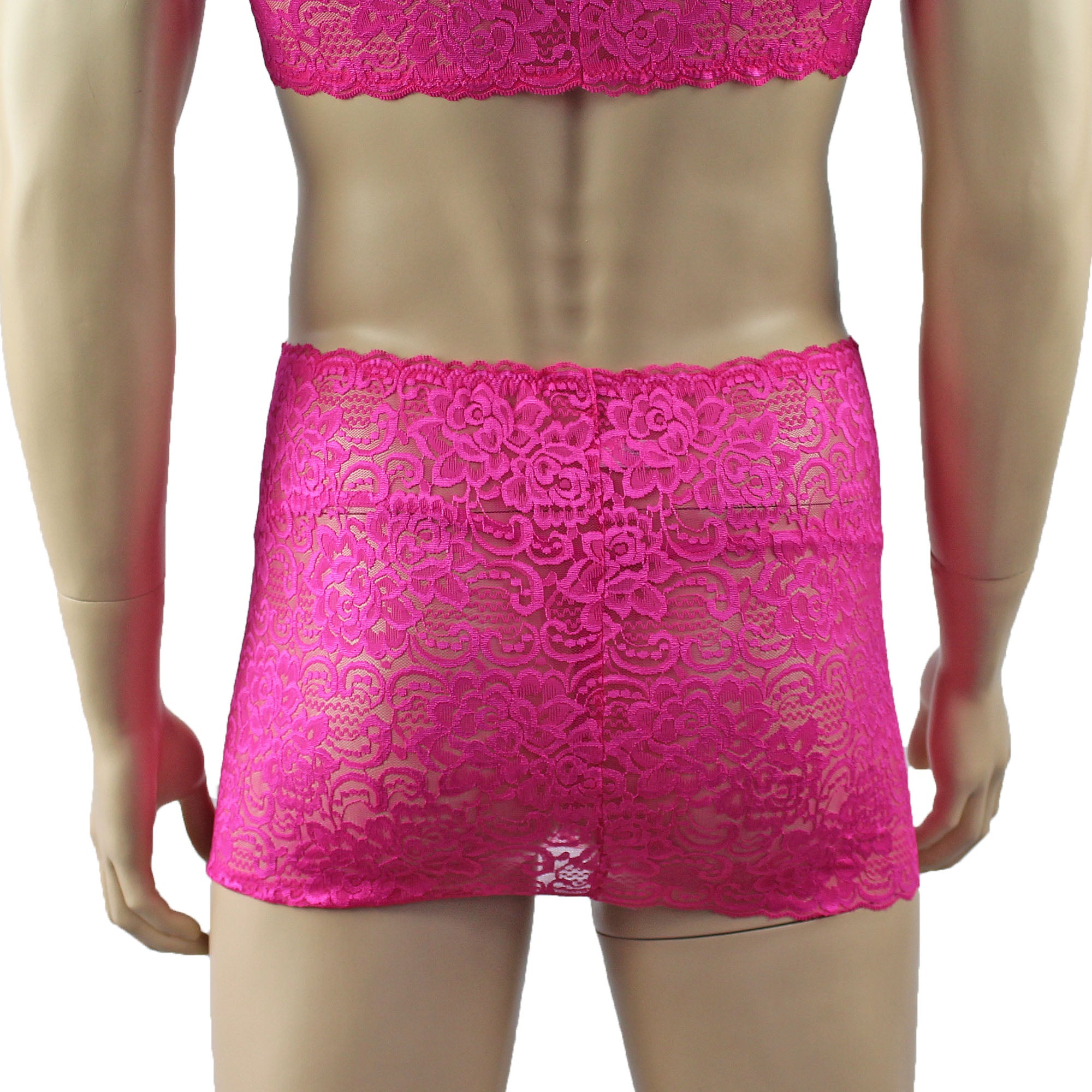 Mens Rebecca Pretty Floral Lingerie Lace Sheer See Through Mini Skirt Hot Pink