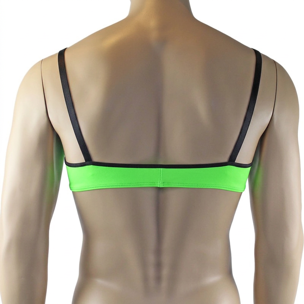 Mens Jenny Shiny Spandex Bra Top, G string and Garterbelt Lingerie Neon Green & Black