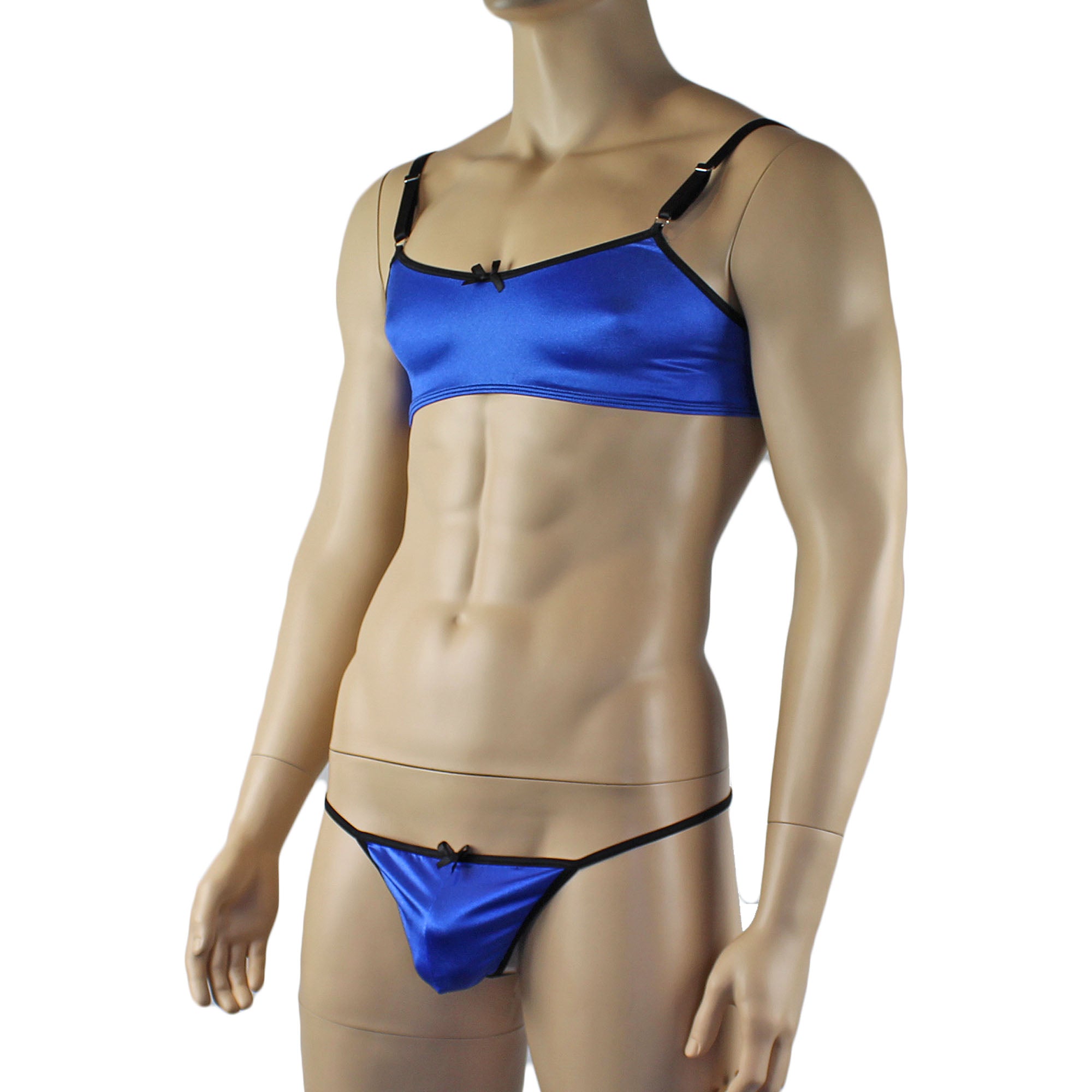 Mens Jenny Shiny Spandex Bra Top & G string Lingerie Blue