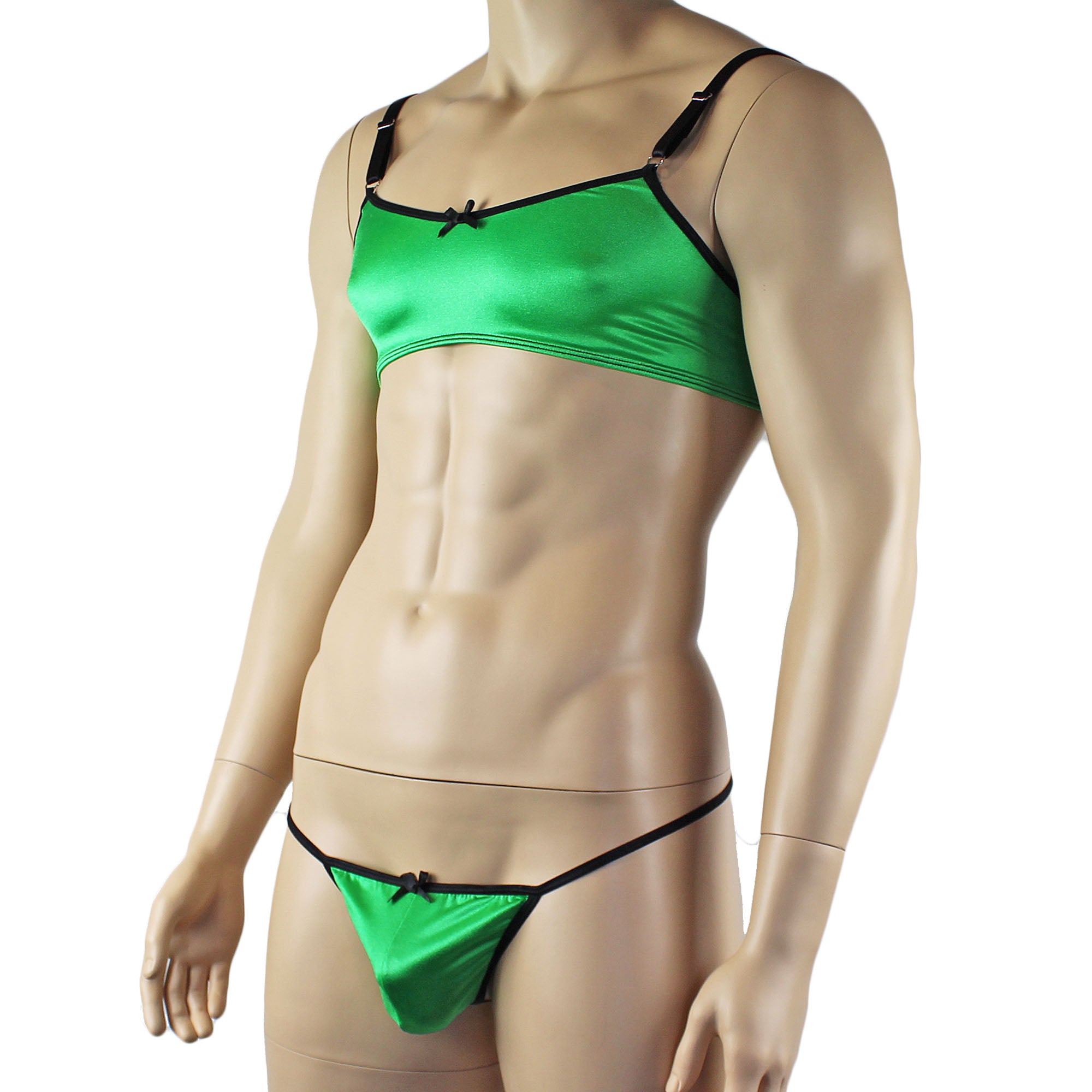 Mens Jenny Shiny Spandex Bra Top & G string Lingerie Neon Green