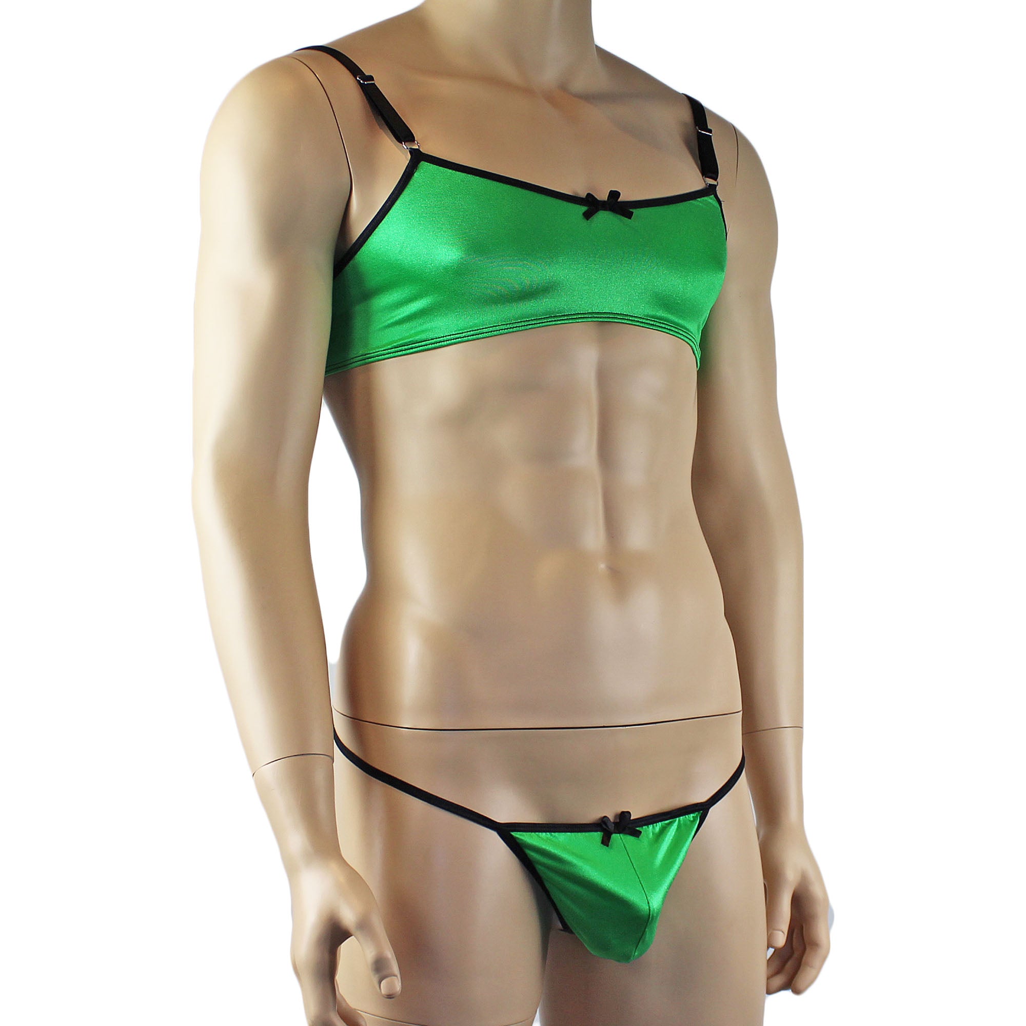 Mens Jenny Shiny Spandex Bra Top & G string Lingerie Neon Green