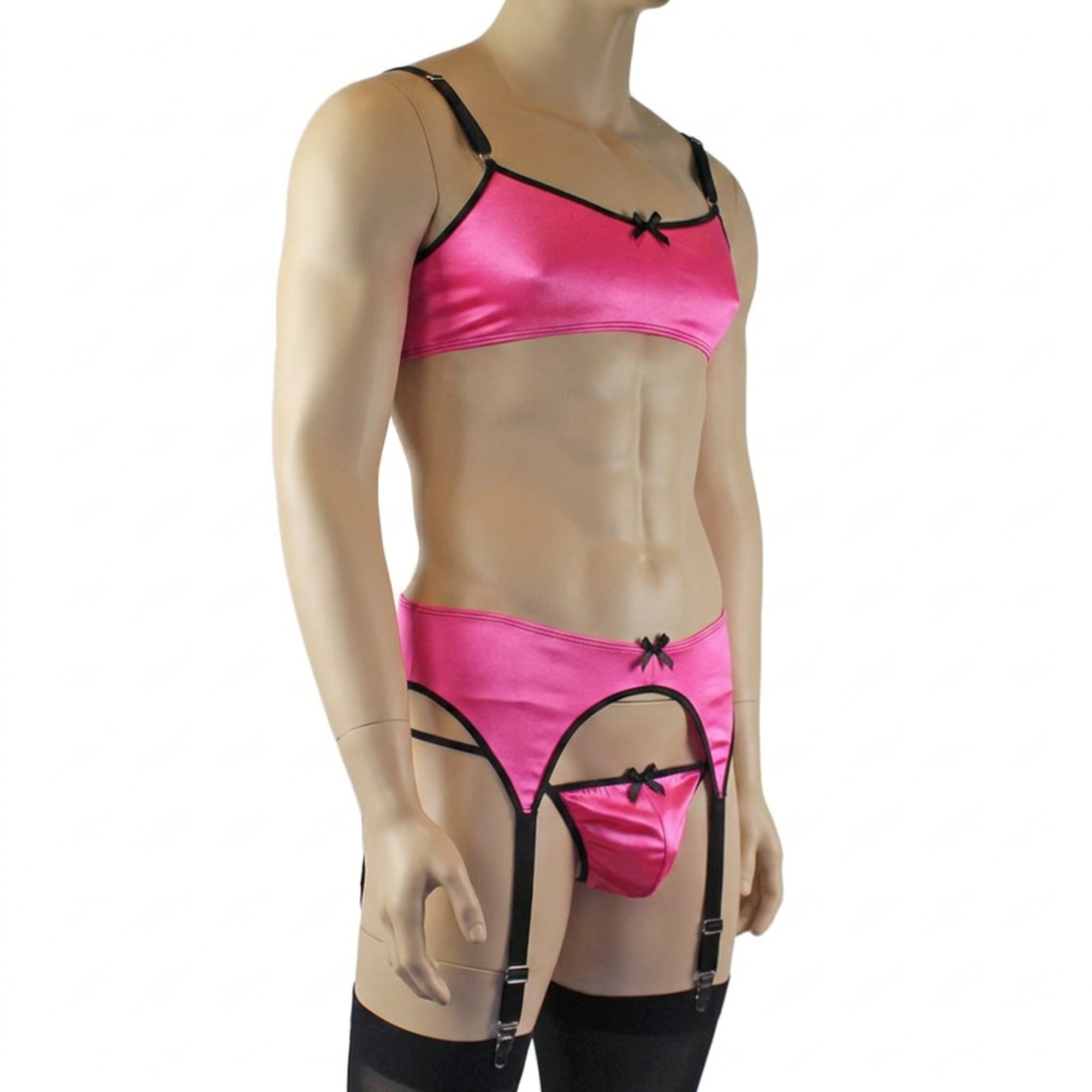 Mens Jenny Shiny Spandex Bra Top, G string and Garterbelt Lingerie Hot Pink & Black