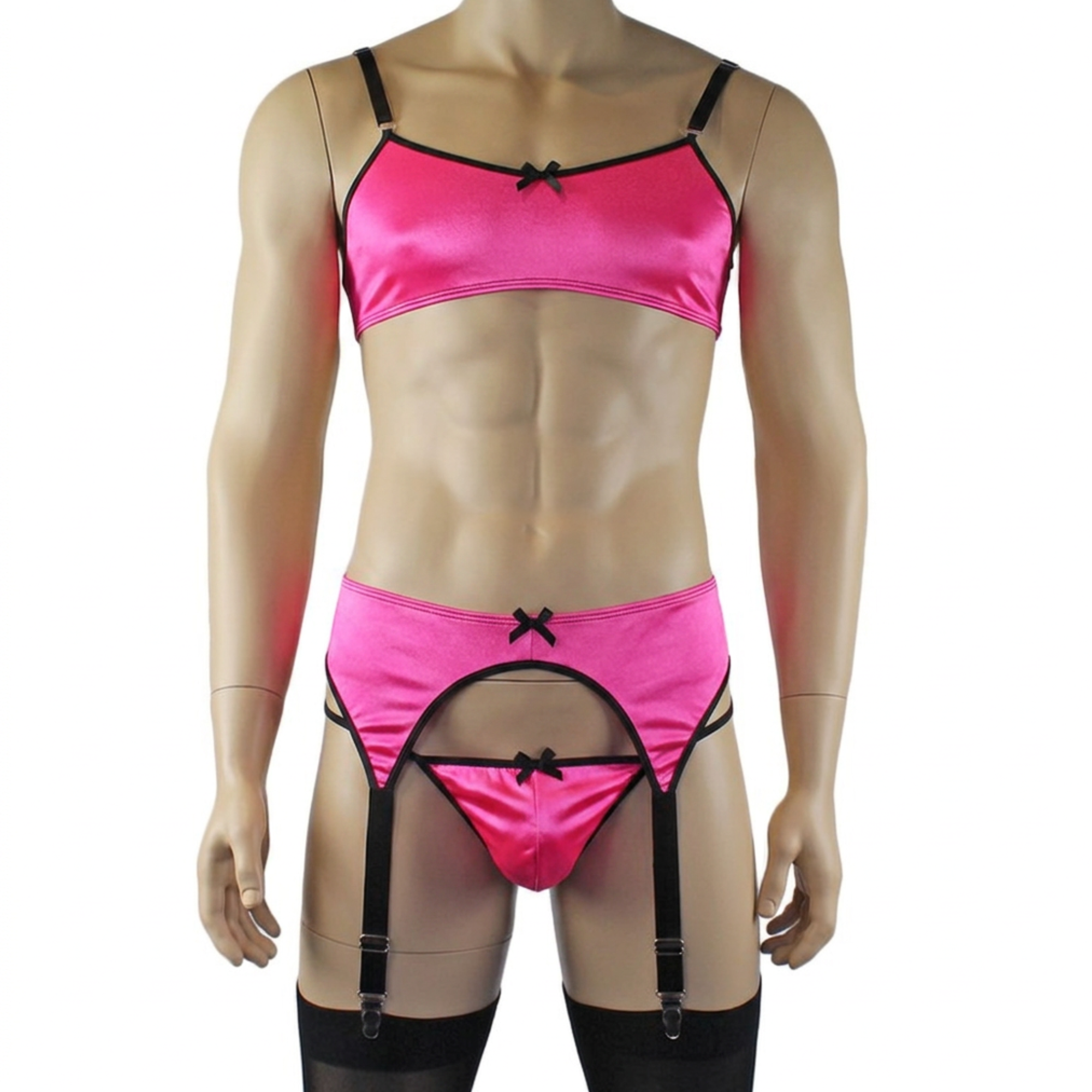 Mens Jenny Shiny Spandex Bra Top, G string and Garterbelt Lingerie Hot Pink & Black