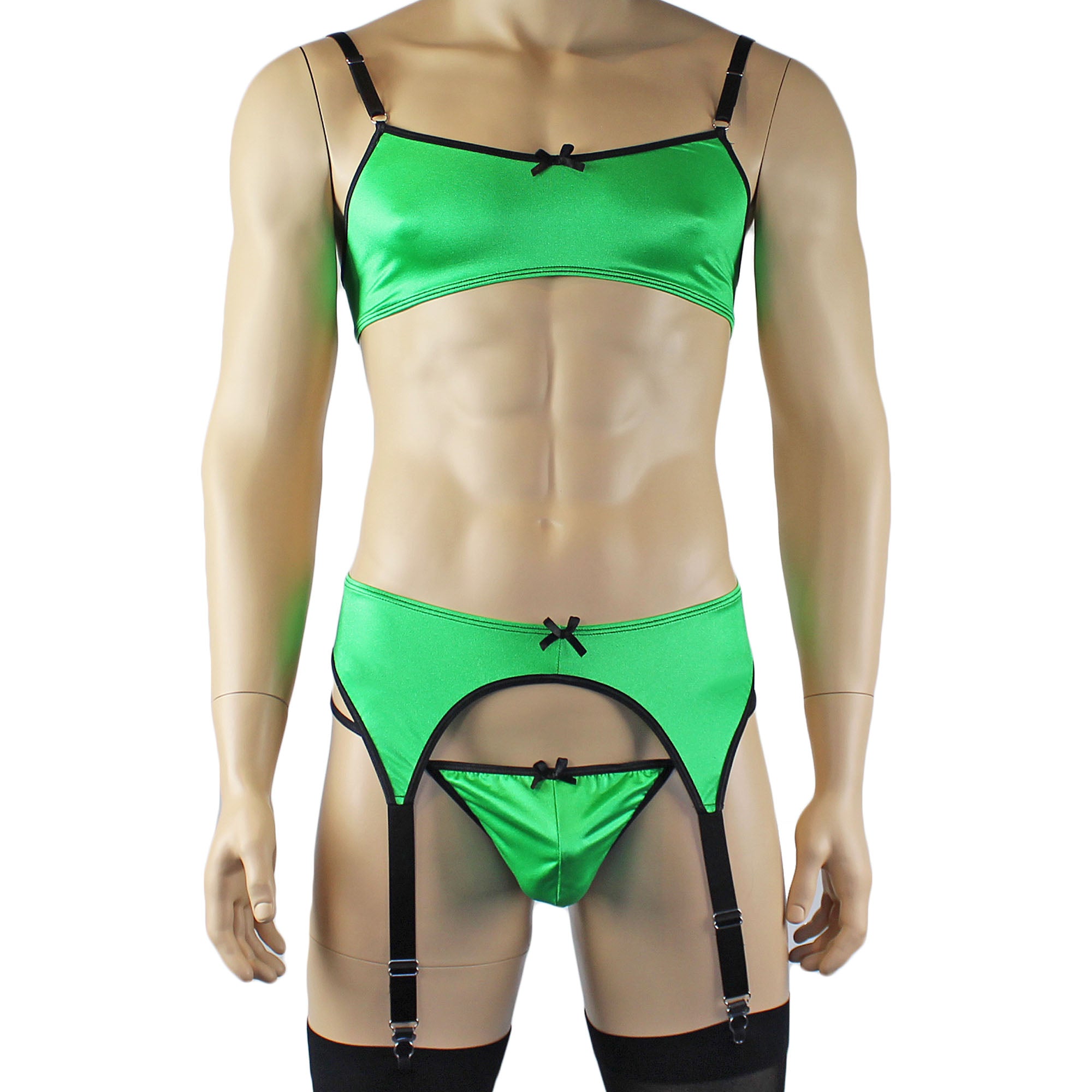 Mens Jenny Shiny Spandex Bra Top, G string and Garterbelt Lingerie Neon Green & Black