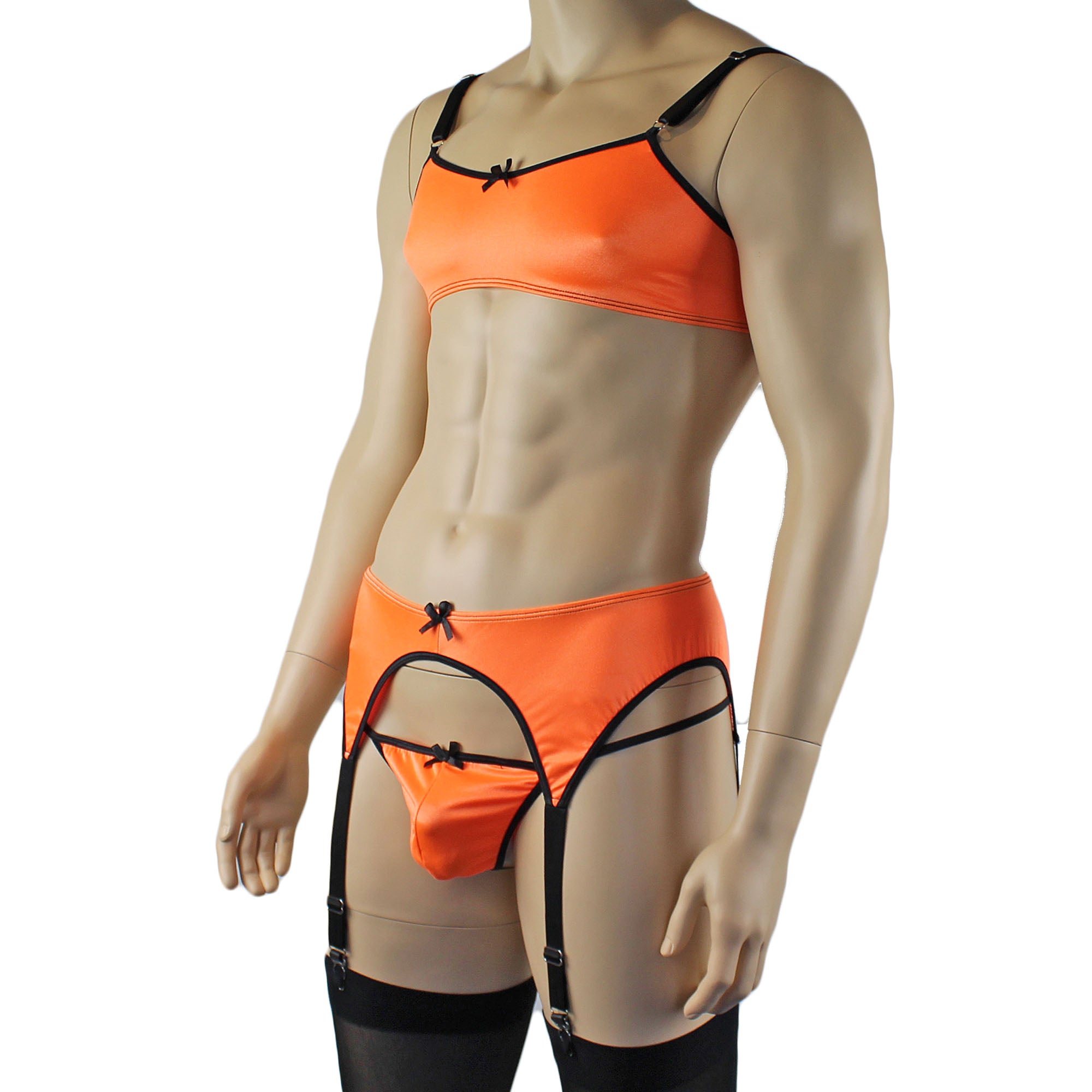 Mens Jenny Shiny Spandex Bra Top, G string and Garterbelt Lingerie Orange & Black