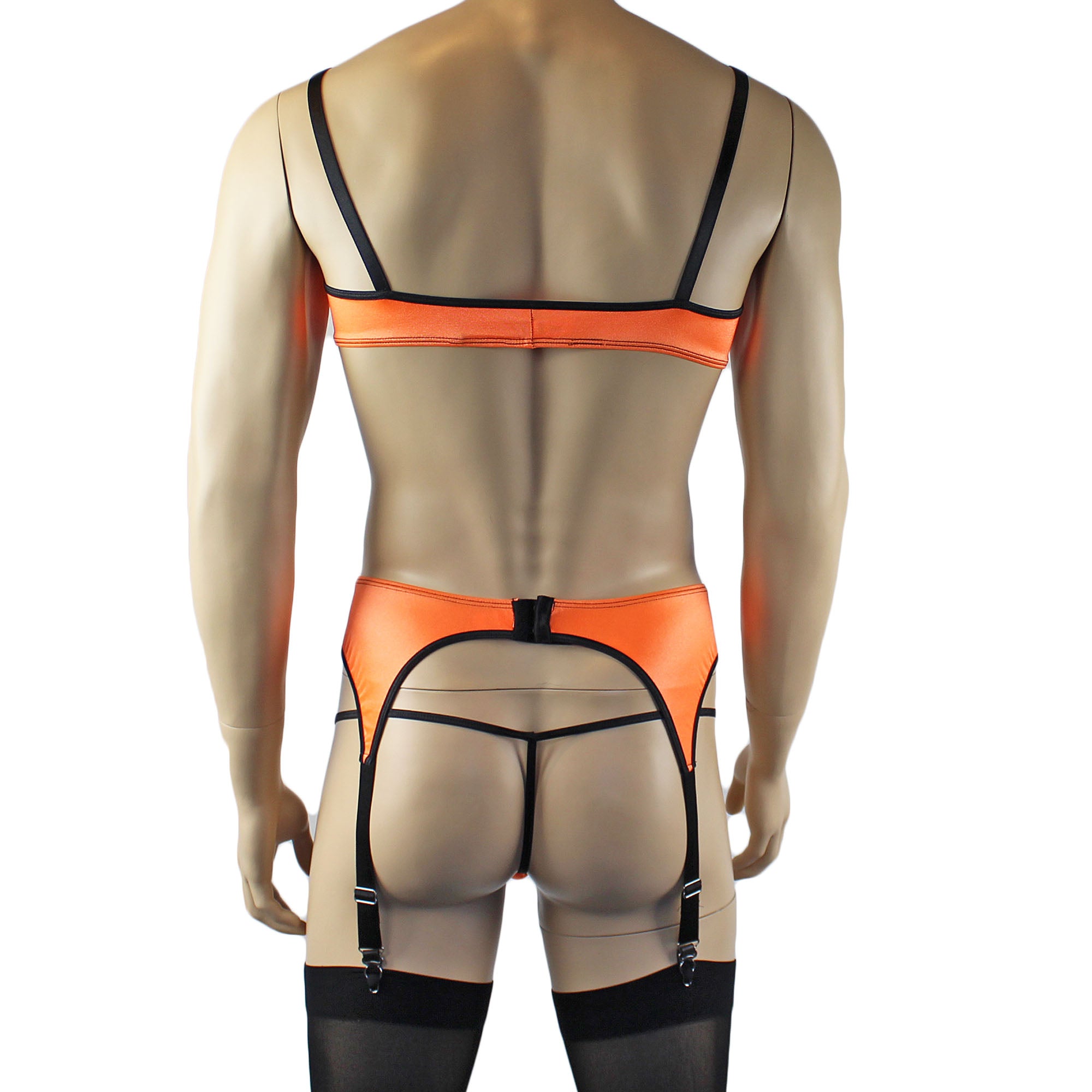 Mens Jenny Shiny Spandex Bra Top, G string and Garterbelt Lingerie Orange & Black
