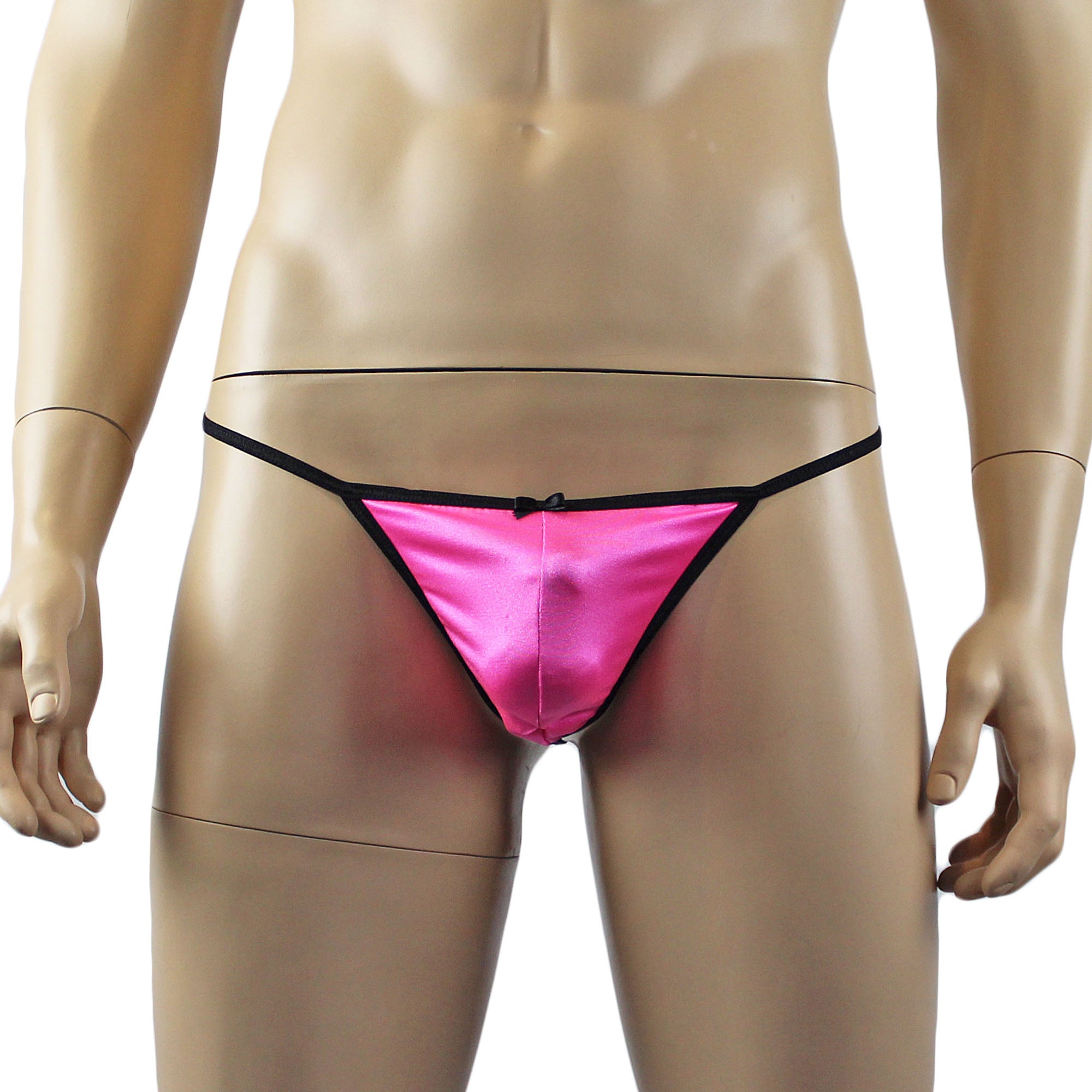 Mens Jenny Shiny Spandex Pouch G string with Bow Hot Pink & Black